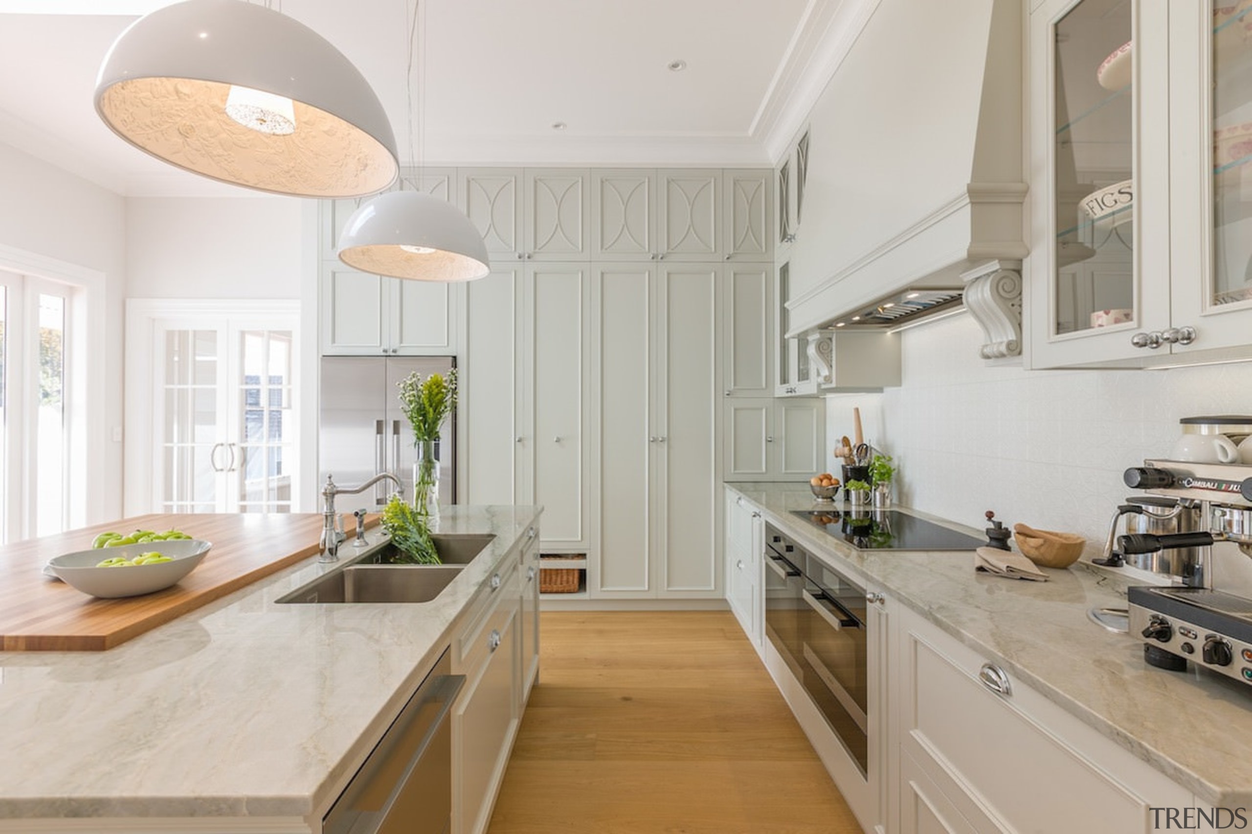 Plentiful storage on the far wall - Plentiful ceiling, countertop, cuisine classique, interior design, kitchen, real estate, gray