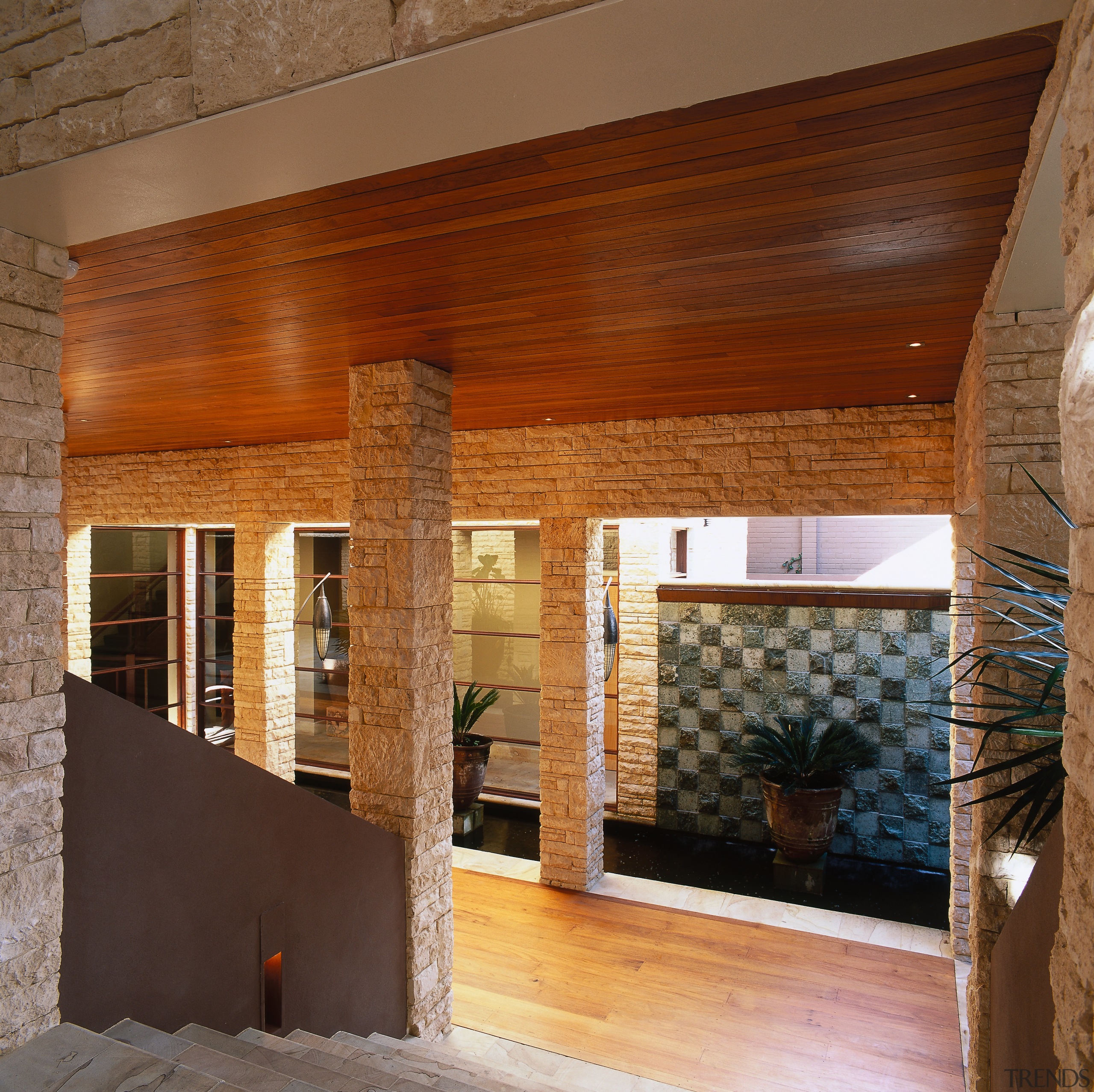 View of a hallway, wooden flooring and ceiling, architecture, beam, ceiling, facade, flooring, home, house, interior design, lobby, wall, wood, brown