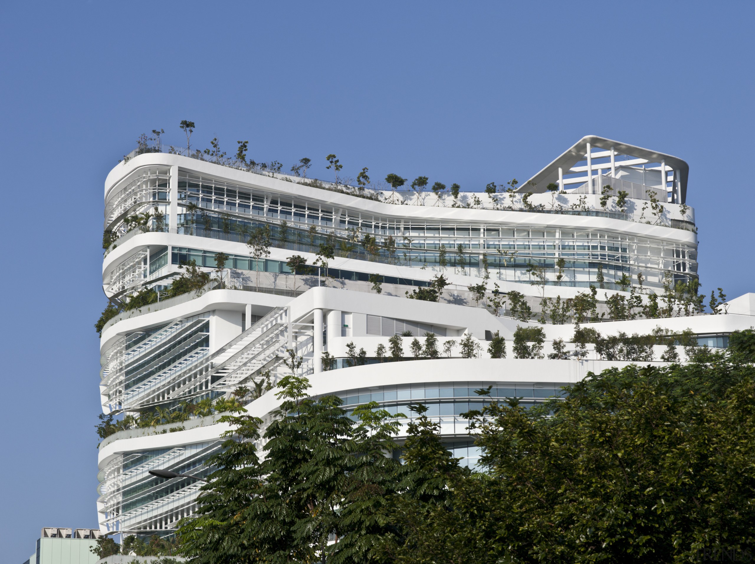 View of Solaris, an ecoskyscraper designed by Ken architecture, building, condominium, corporate headquarters, cruise ship, daytime, facade, headquarters, hotel, metropolitan area, mixed use, passenger ship, sky, watercraft, teal