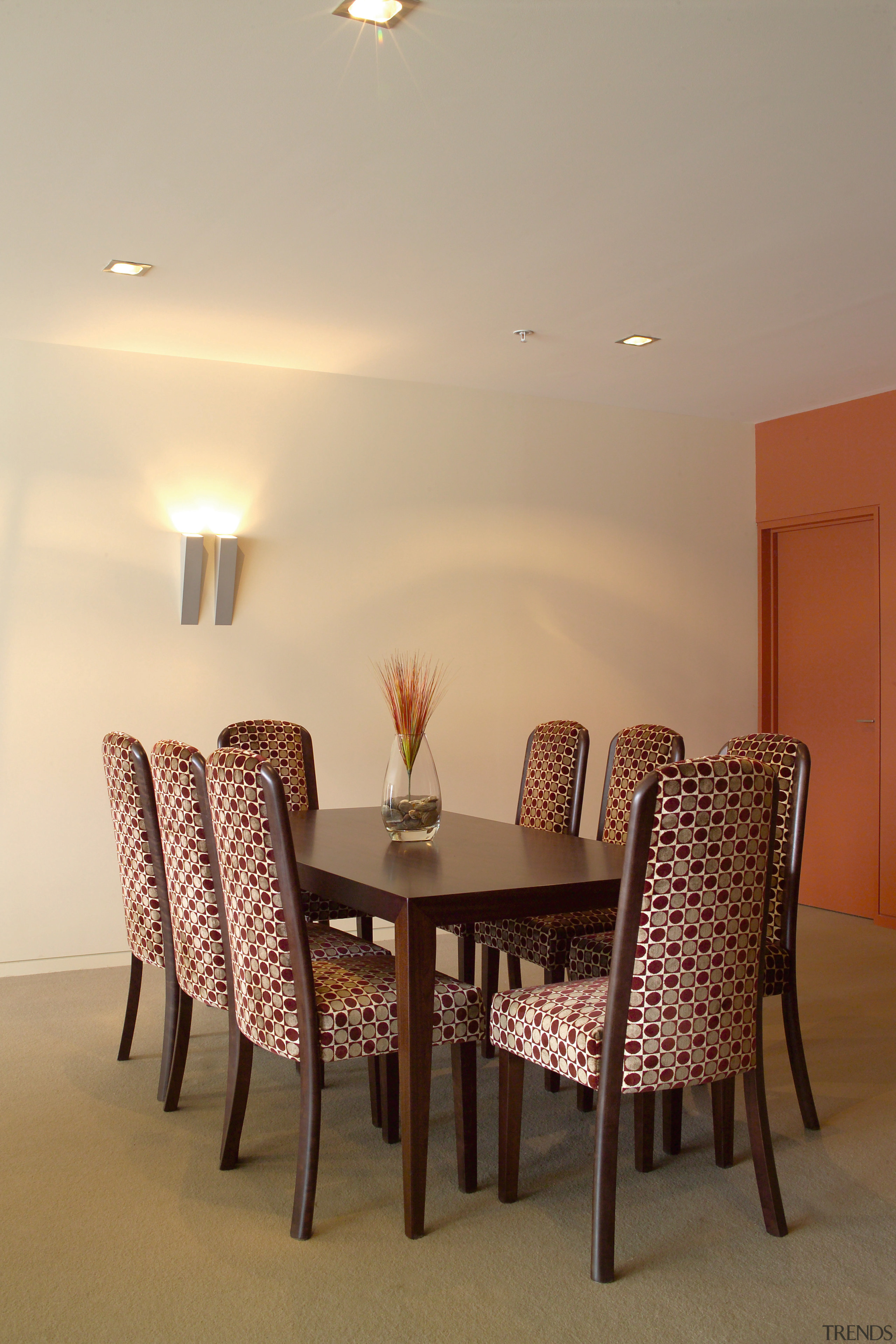 Dining room with timber table and upholstered chairs, ceiling, chair, dining room, furniture, home, interior design, light fixture, lighting, room, table, orange, brown