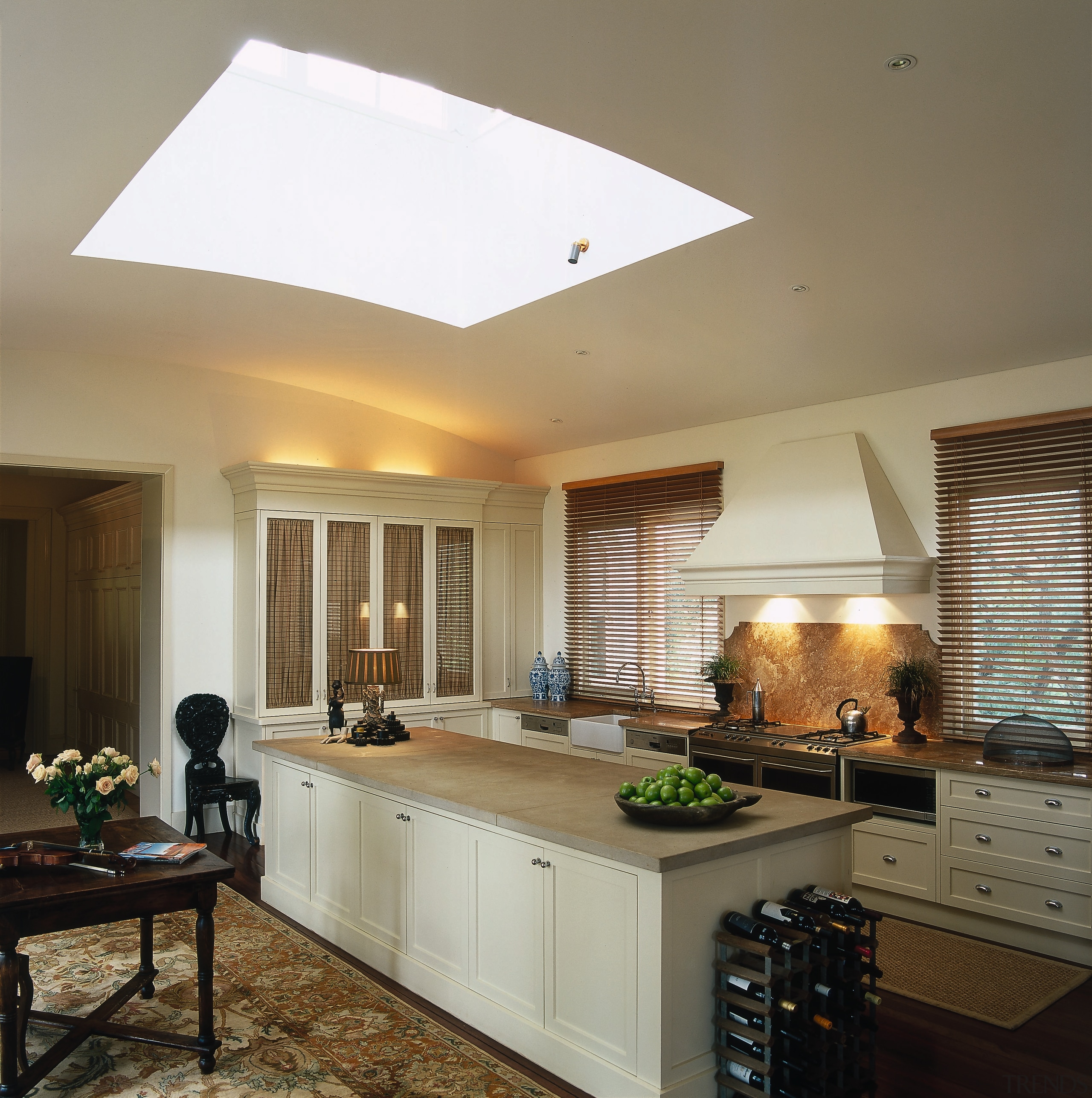 The view of a kitchen - The view cabinetry, ceiling, countertop, cuisine classique, daylighting, home, interior design, kitchen, lighting, room, window, brown, gray