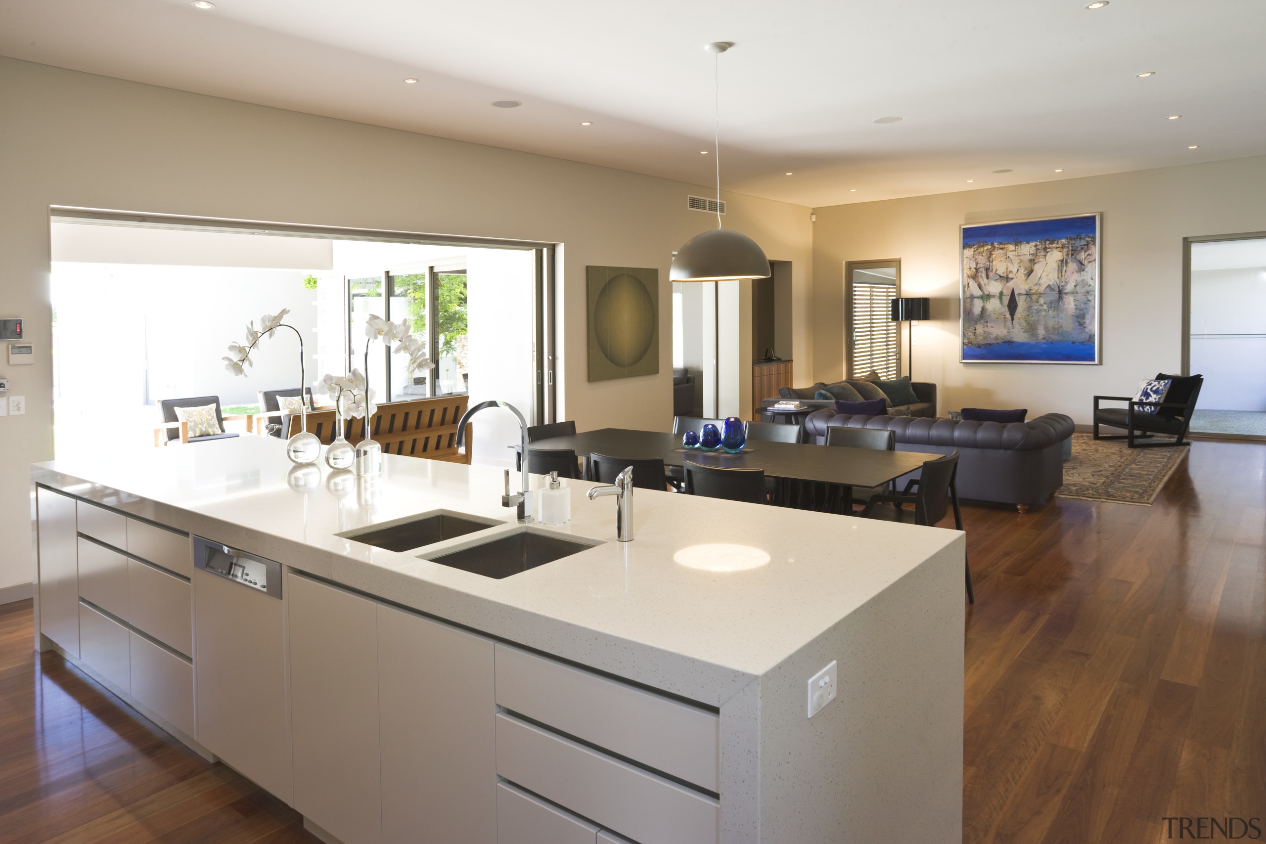 View of large, open renovated kitchen featuring timber countertop, interior design, kitchen, property, real estate, room, white