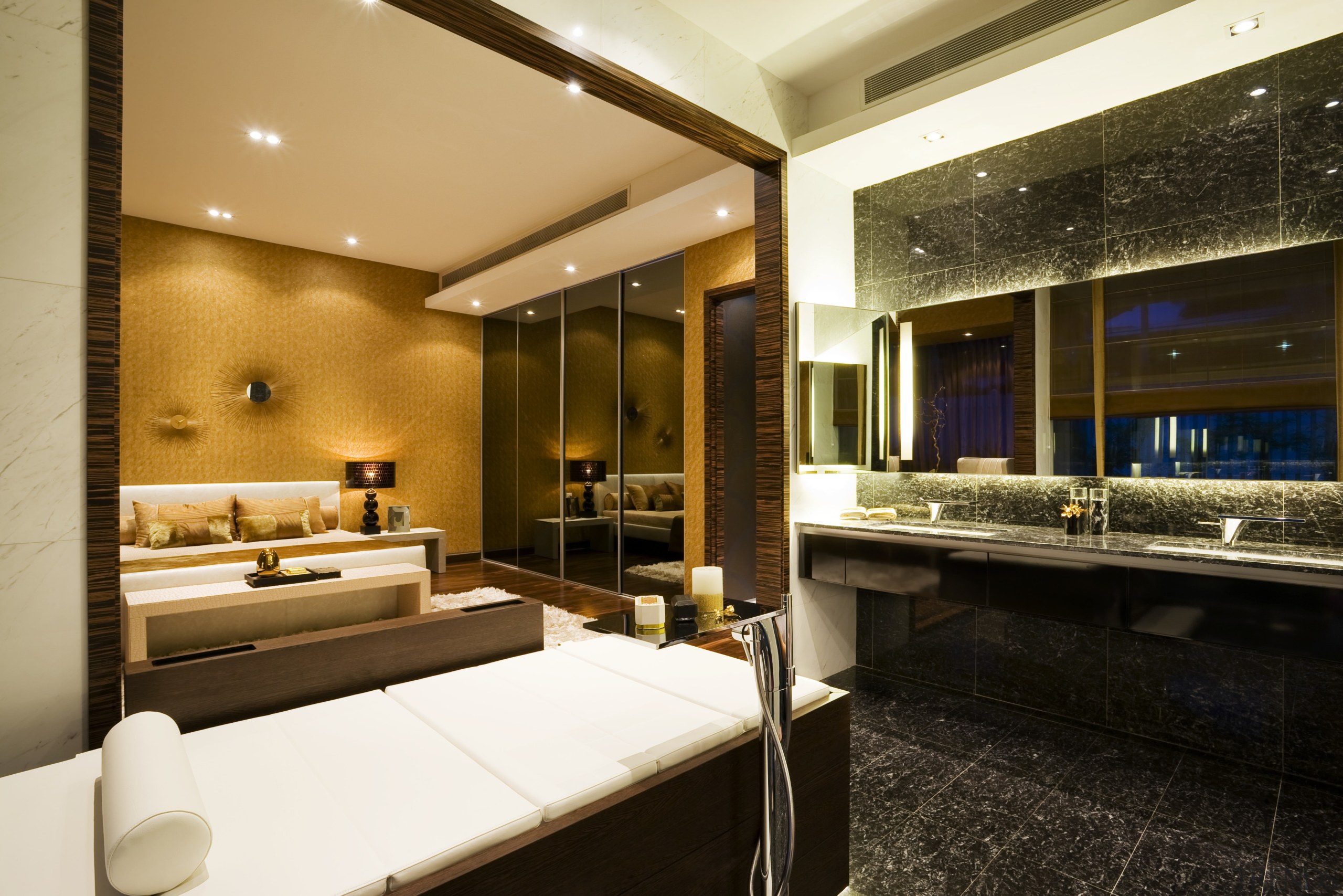 View of bathroom featuring vanity with marble top, ceiling, interior design, room, suite, brown, orange