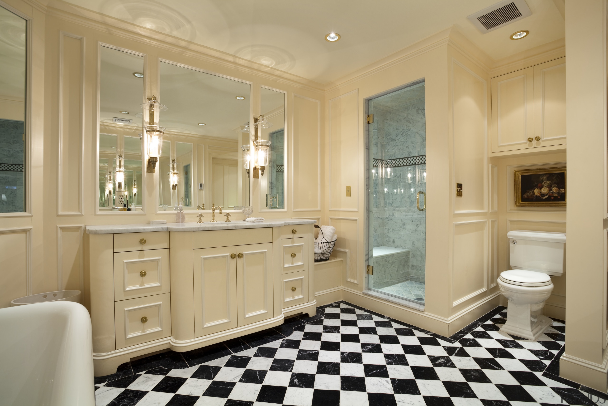 View of bathroom with checkerboard floor, white bathtub bathroom, cabinetry, countertop, cuisine classique, estate, floor, flooring, home, interior design, kitchen, property, real estate, room, window, orange