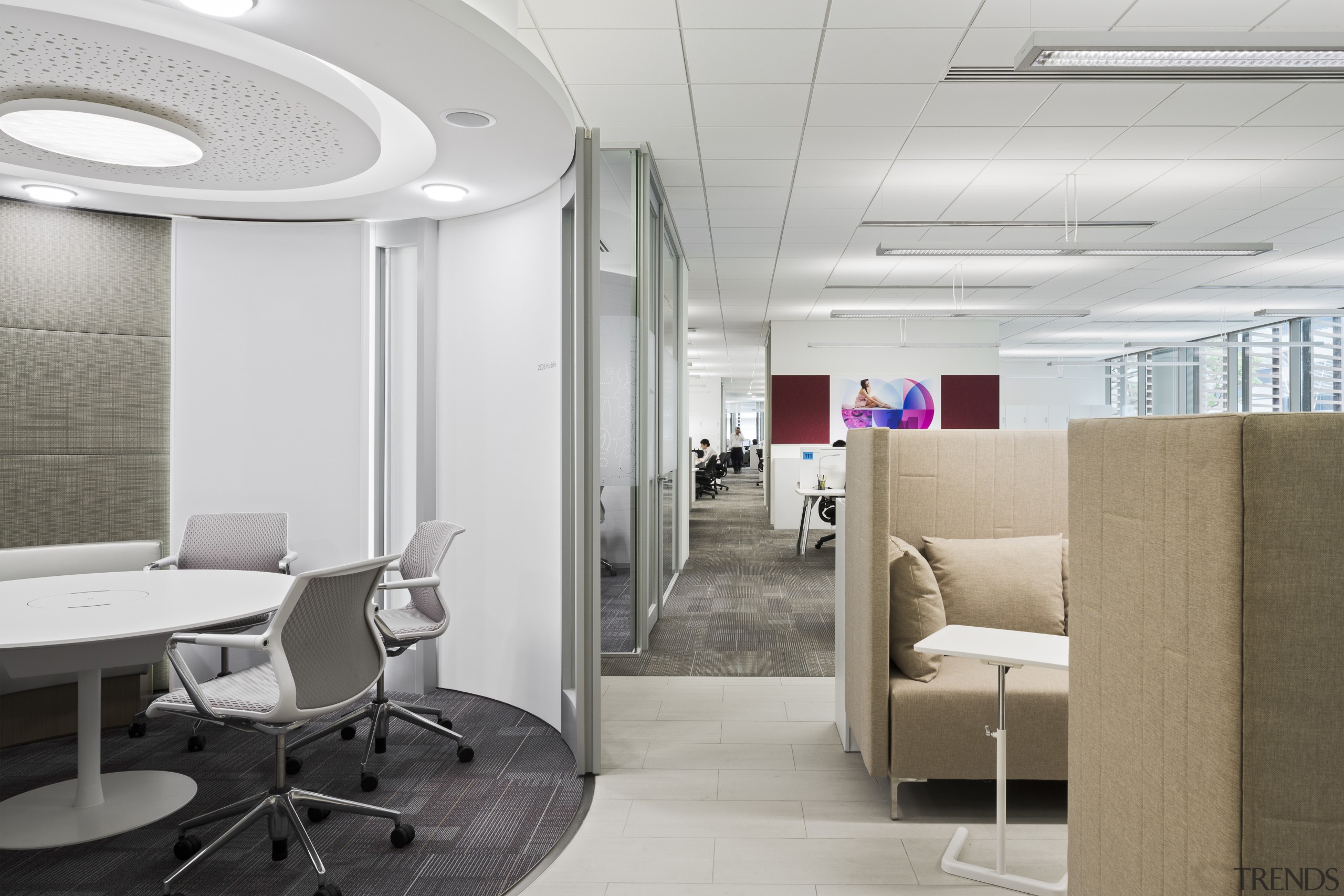 Circular meeting rooms in this office interior in ceiling, interior design, office, product design, gray