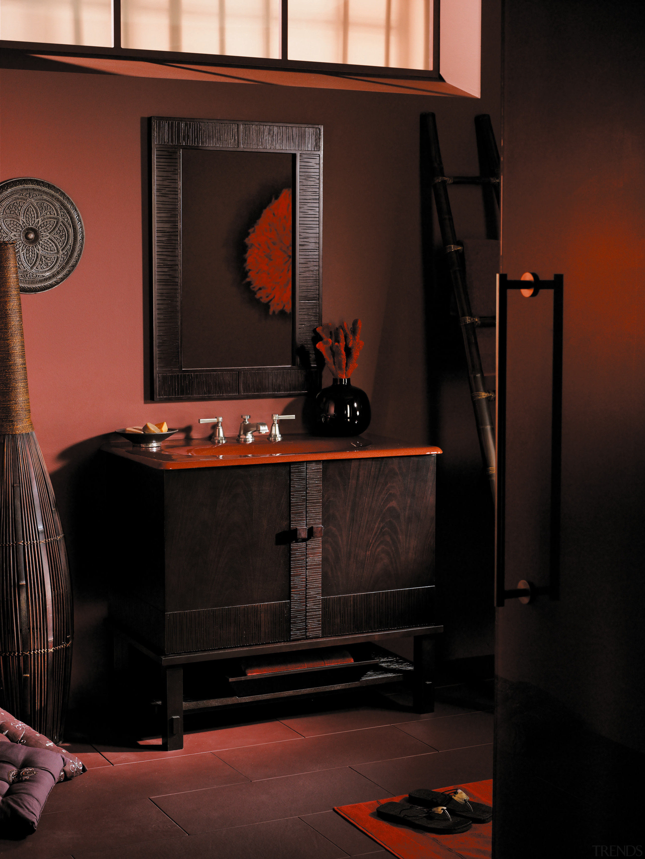 A view of a vanity by Kohler. - darkness, furniture, interior design, lamp, light, light fixture, lighting, room, table, black