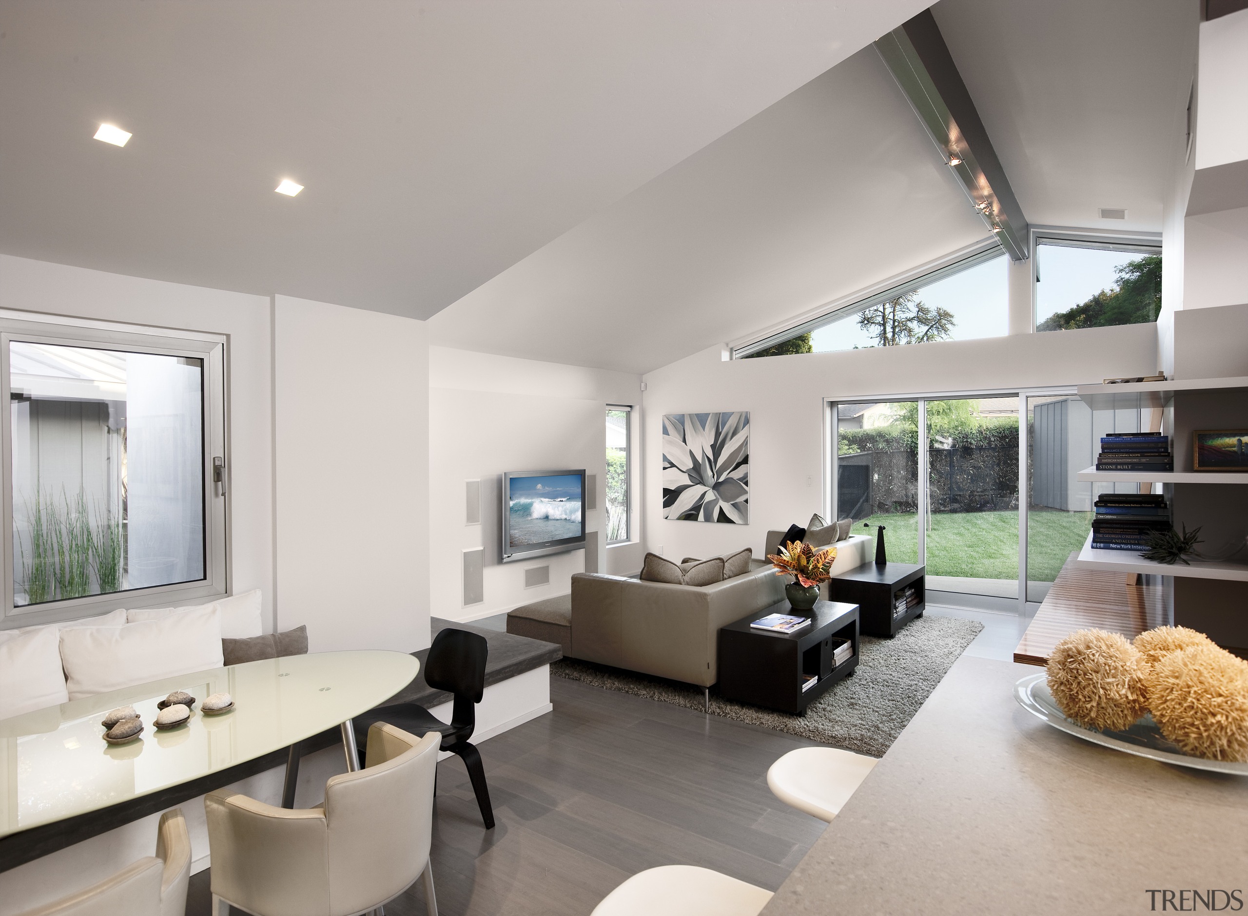 View of a house with landscaped forecourt, pool architecture, ceiling, house, interior design, living room, real estate, room, gray