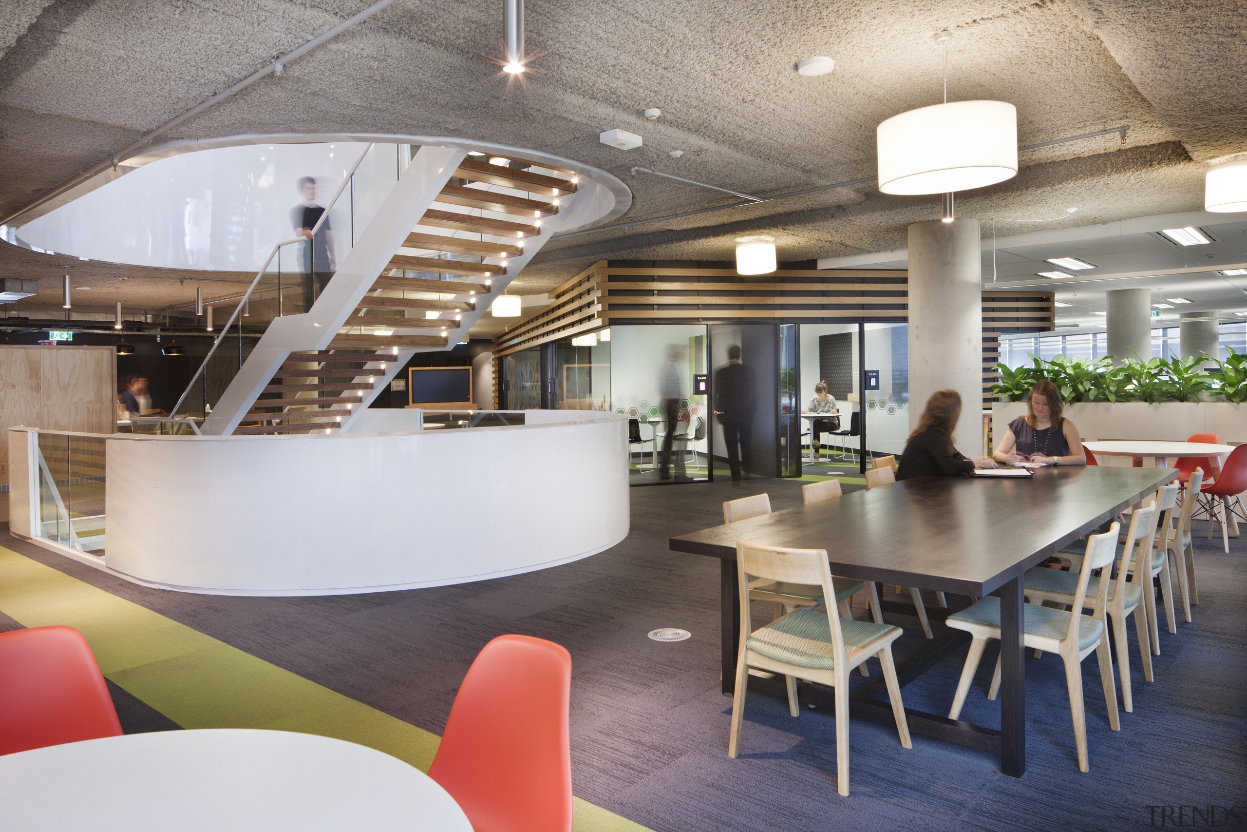 Award-winning sustainable fit-out of Aurecon House, Melbourne cafeteria, ceiling, furniture, interior design, product design, restaurant, table, gray