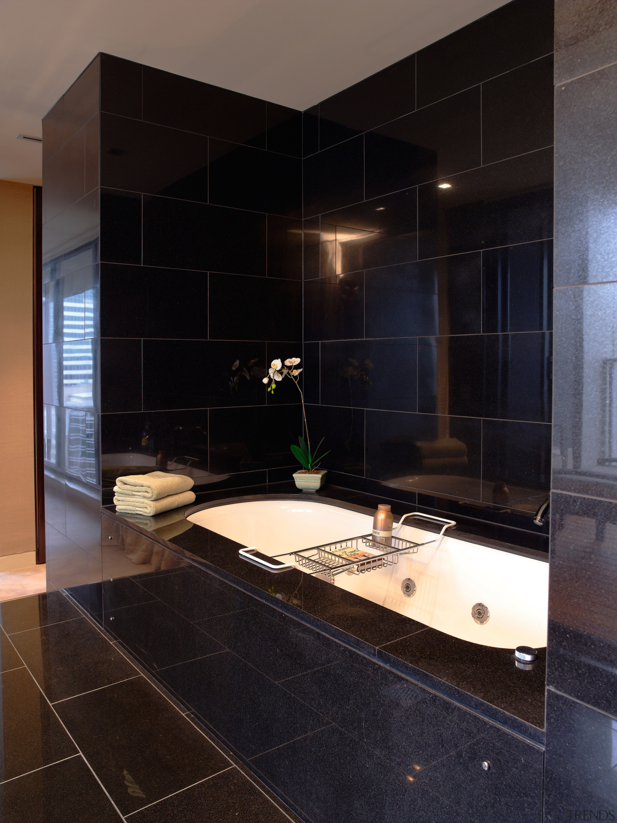 A view of the bathroom featuring dual recessed architecture, bathroom, ceiling, countertop, floor, flooring, glass, interior design, room, tile, black