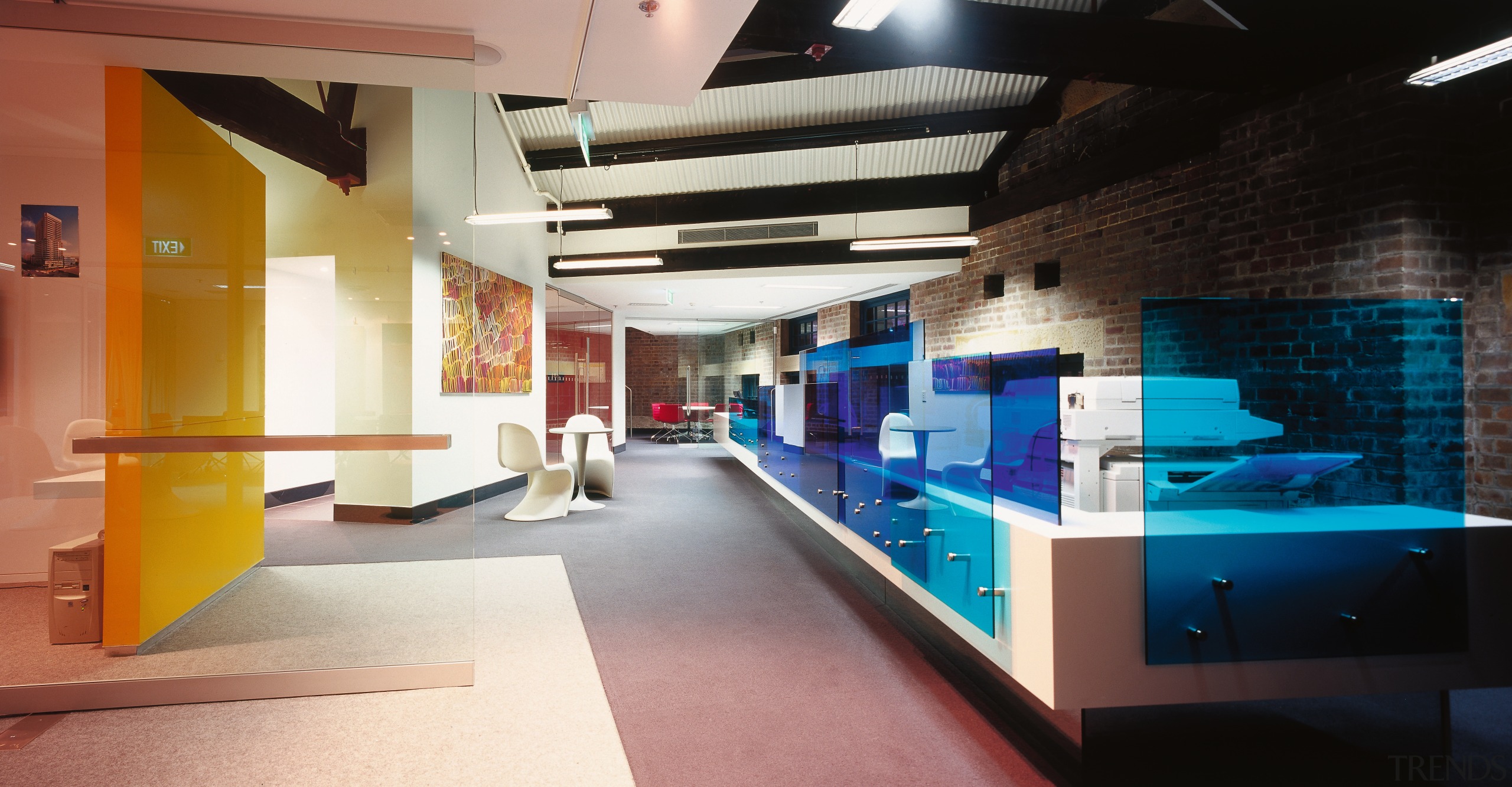 A view of the office area, carpet, glass architecture, interior design, lobby, black