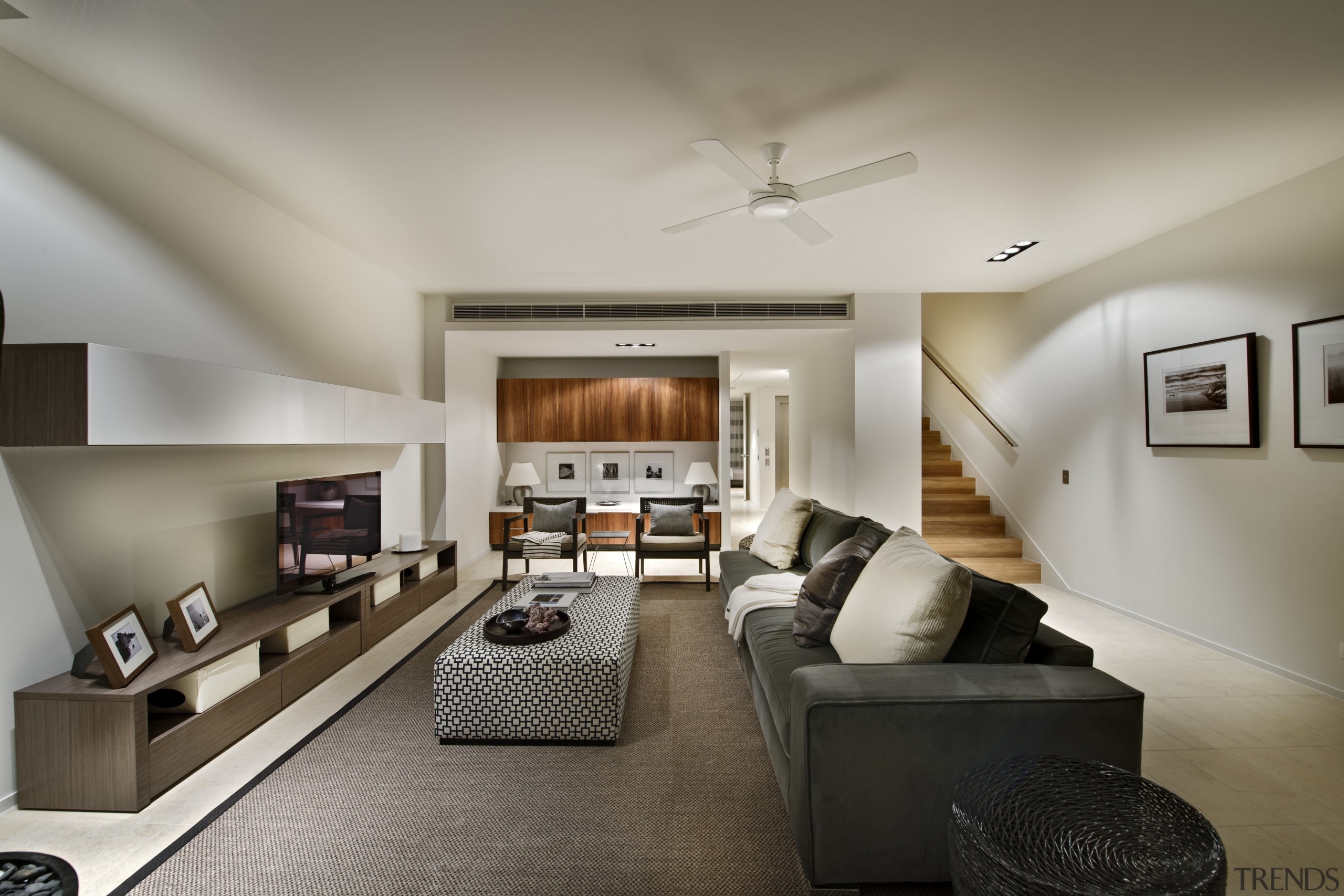 This precinct was developed by Mirvac. Here is ceiling, home, interior design, living room, real estate, room, gray