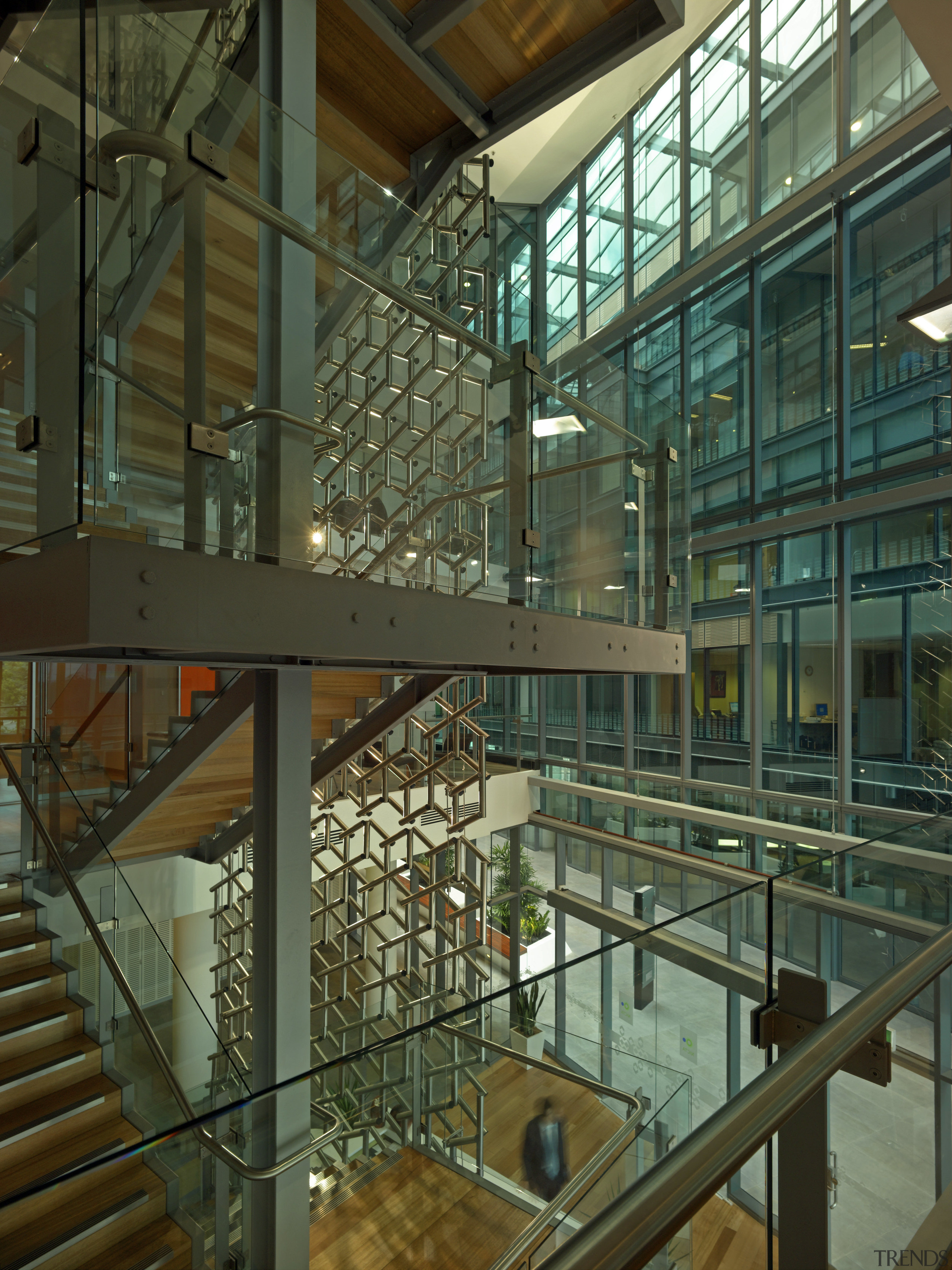 View of 7 London Circuit in Canberra. Leighton architecture, building, condominium, daylighting, glass, handrail, lobby, mixed use, shopping mall, structure, brown, green