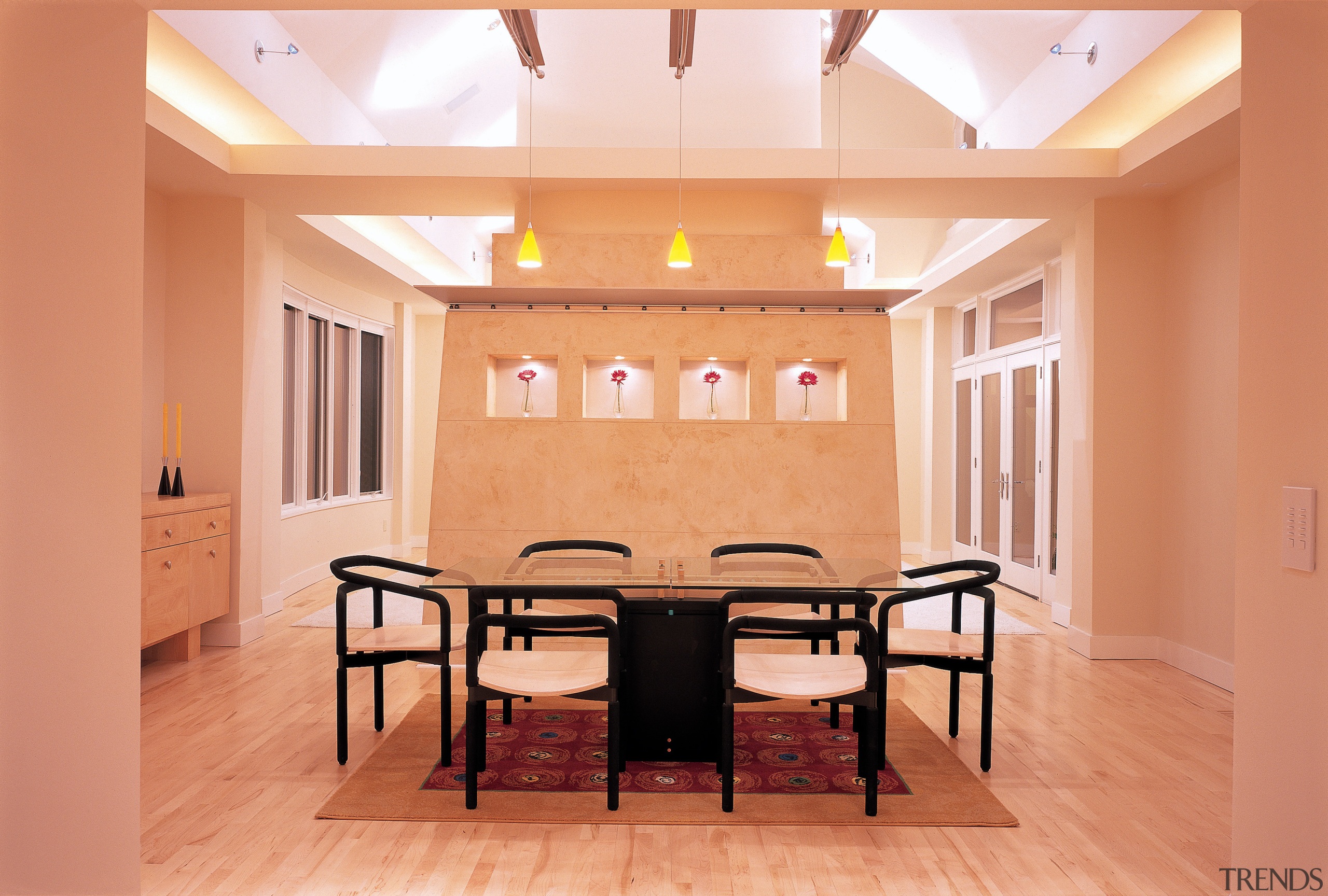 View of the dining room - View of ceiling, chair, dining room, floor, flooring, furniture, hardwood, home, interior design, real estate, room, table, wall, wood flooring, orange