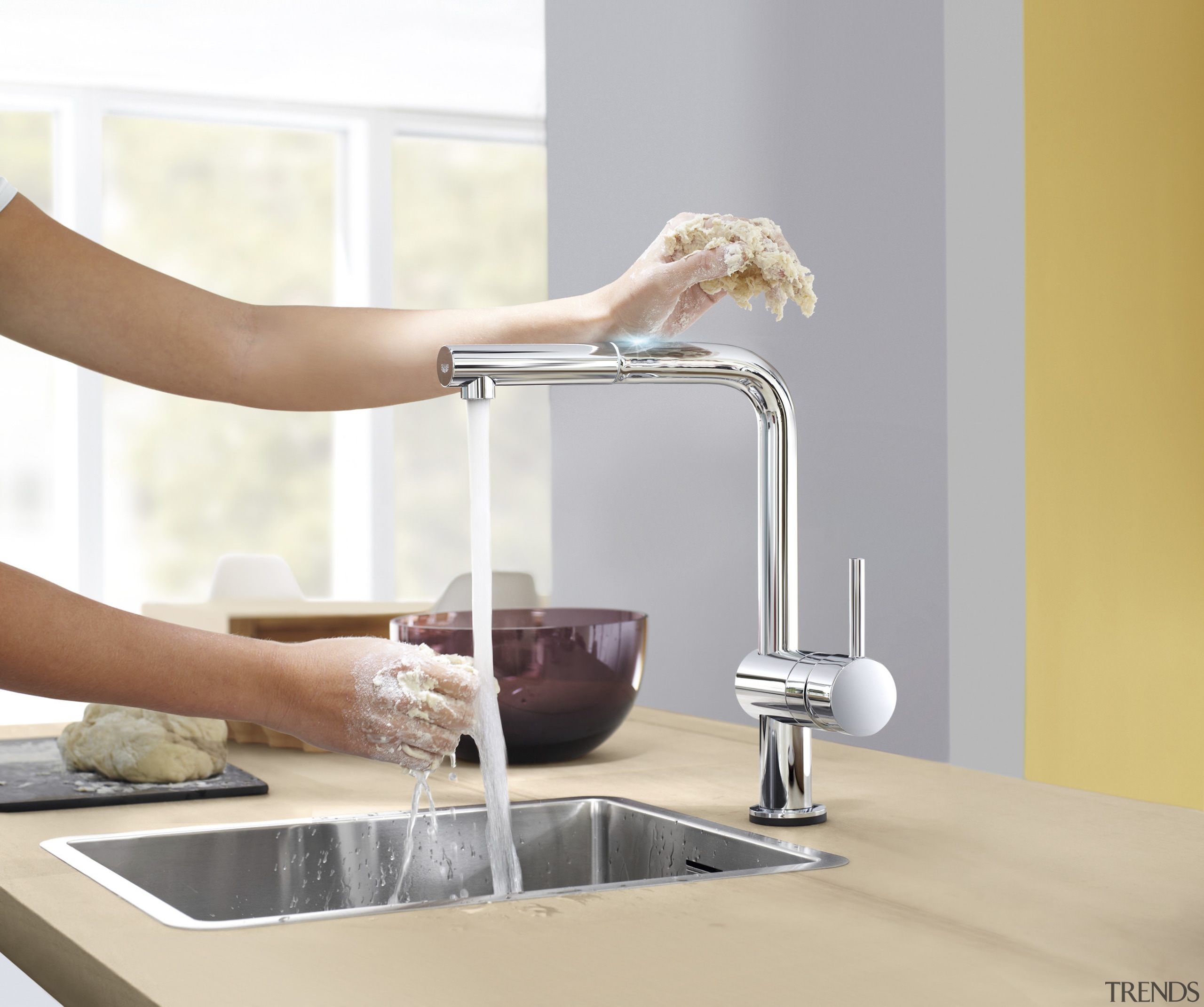 Grohe Minta Touch mixers stay clean when hands furniture, plumbing fixture, product design, sink, small appliance, table, tap, white, gray