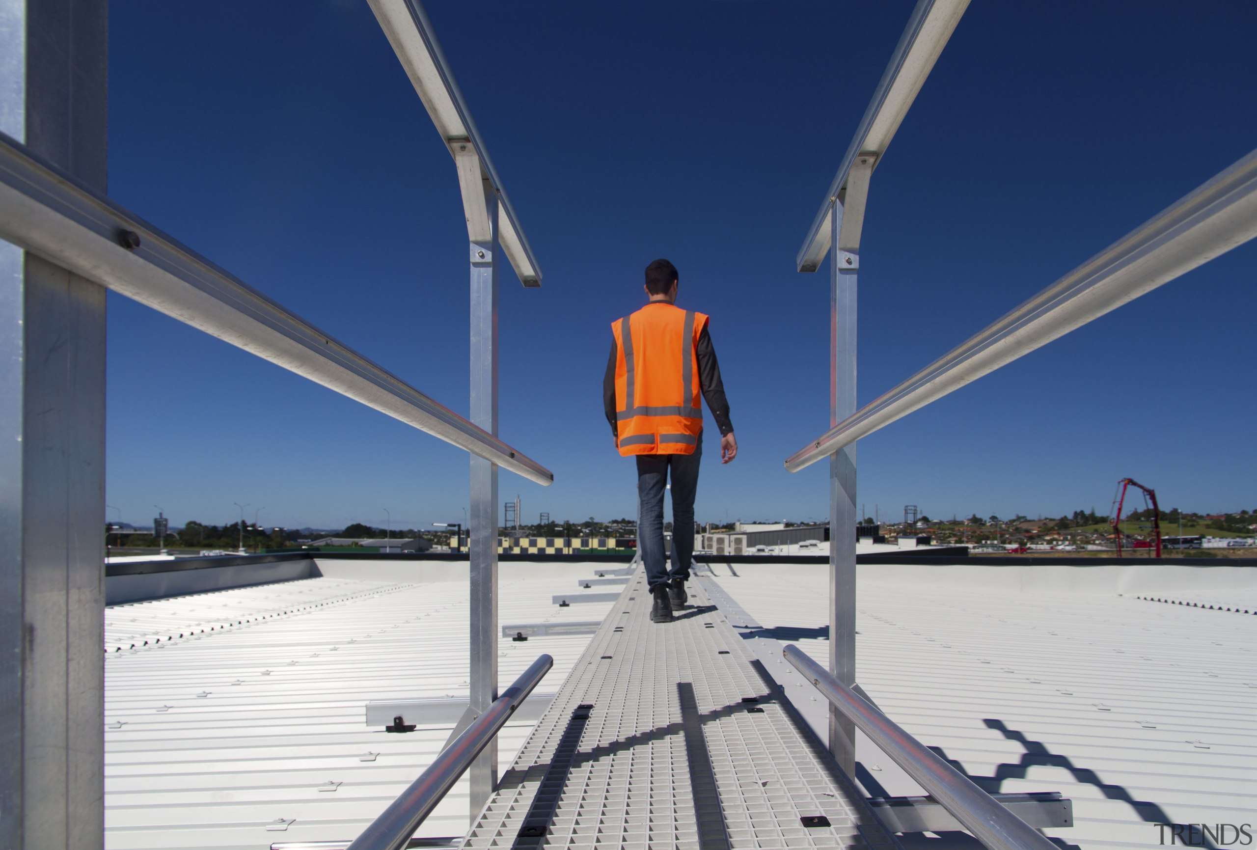 Roof access walkways, safety platforms, and access ladders bridge, cloud, fixed link, reflection, sky, vacation, water, blue