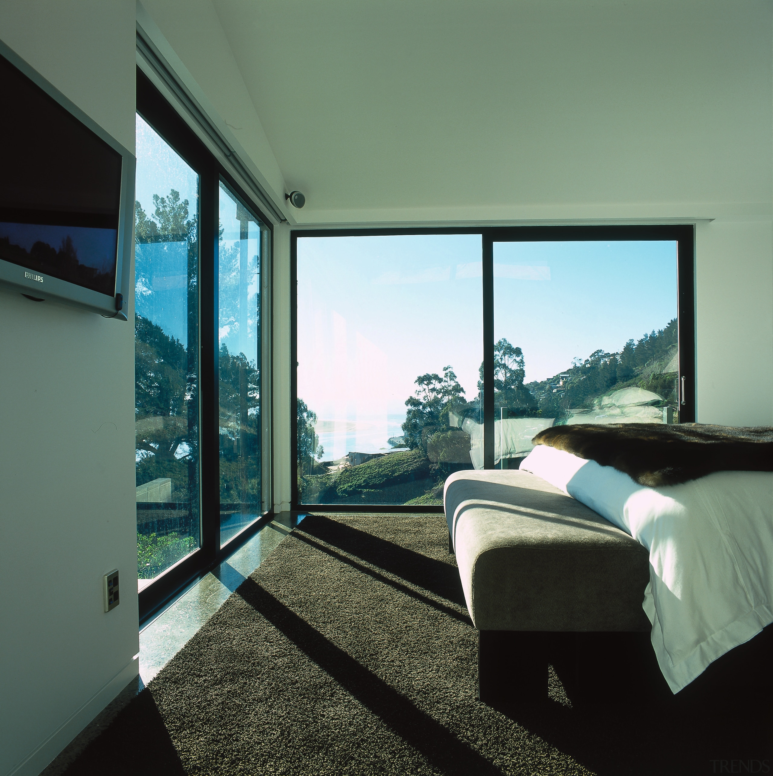 View of the master bedroom, polished concrete flooring, architecture, bedroom, daylighting, door, estate, home, house, interior design, property, real estate, room, window, green, black