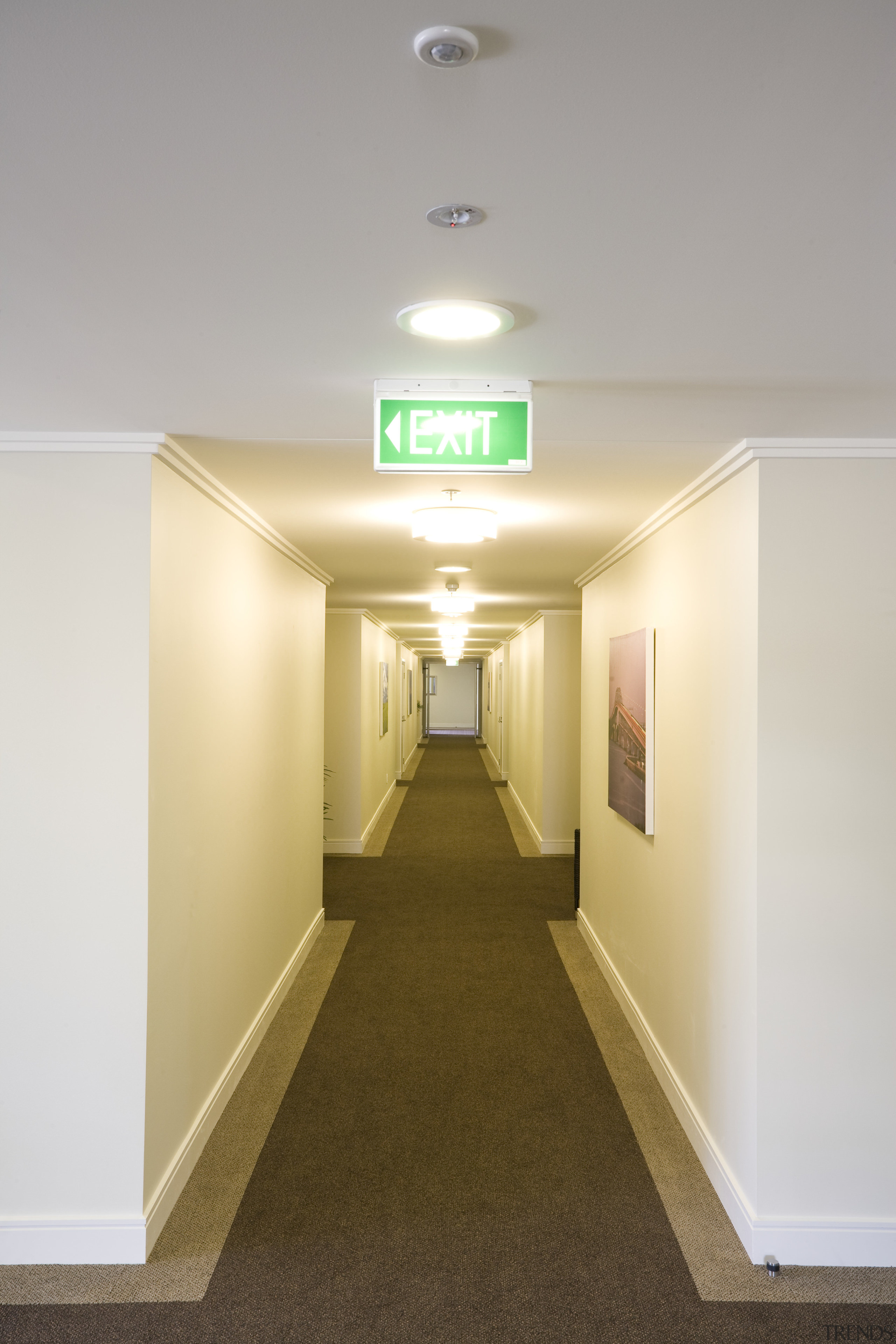 View of a hallway with lighting installed by ceiling, floor, flooring, interior design, lighting, gray