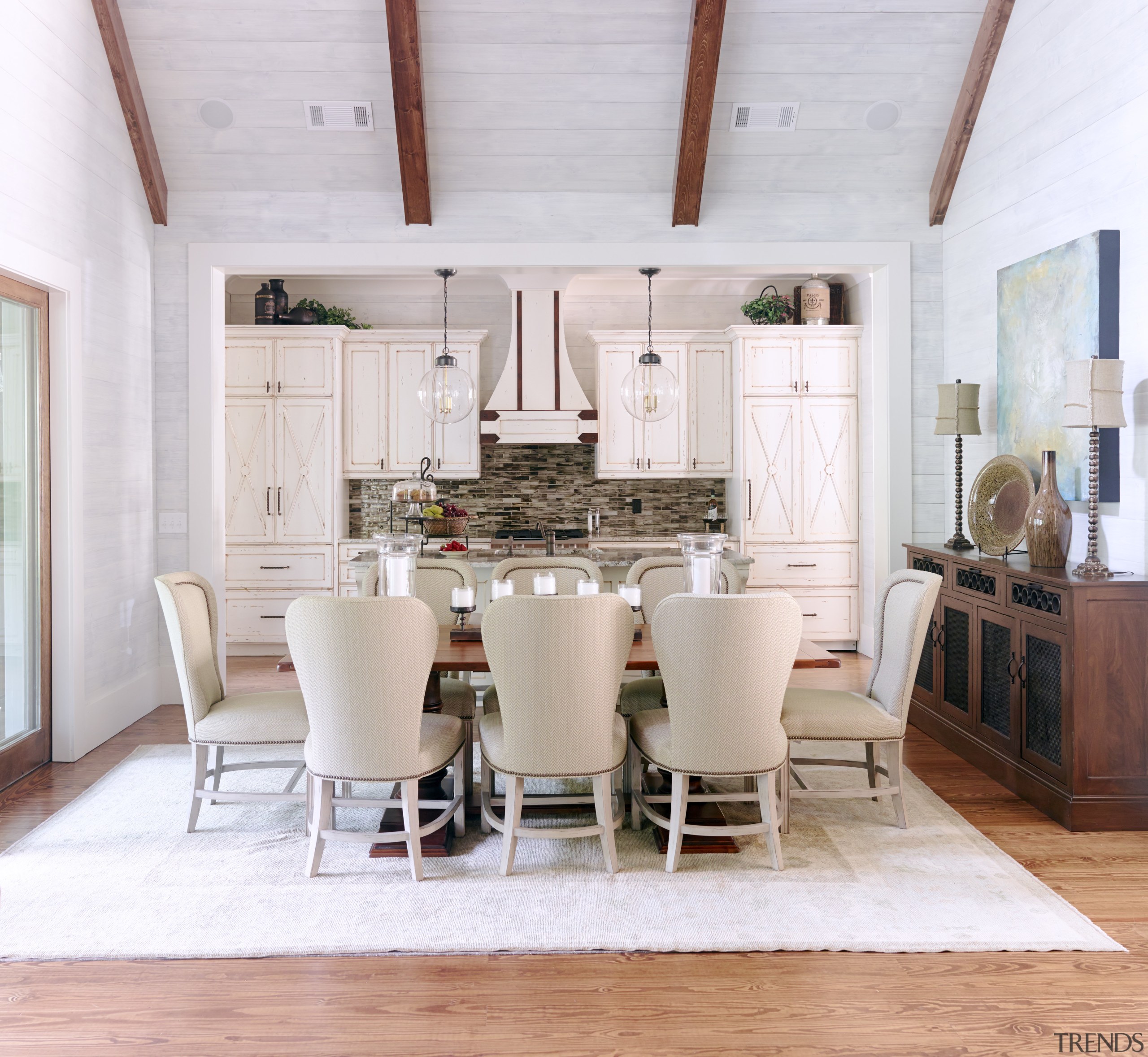 Yellow pine floors strike a middle note between ceiling, chair, dining room, floor, flooring, furniture, hardwood, home, interior design, kitchen, living room, room, table, wood flooring, white, gray