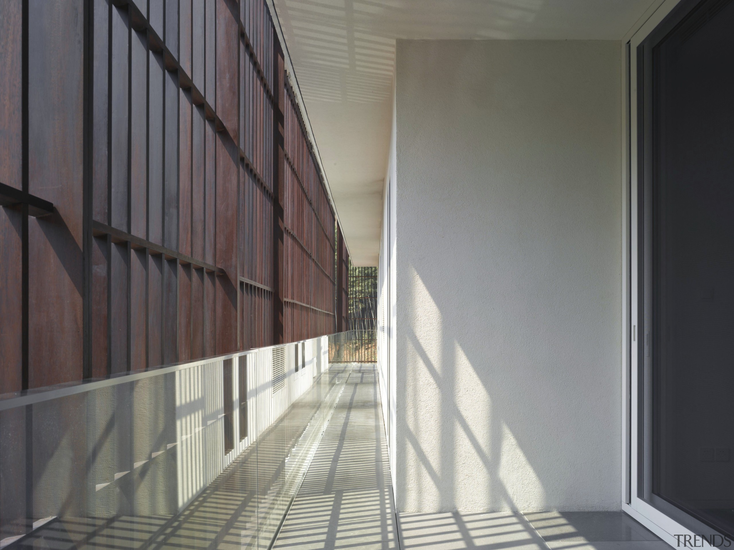 View of the Loggia zones which link the apartment, architecture, building, daylighting, facade, glass, handrail, house, line, structure, sunlight, wall, window, wood, gray