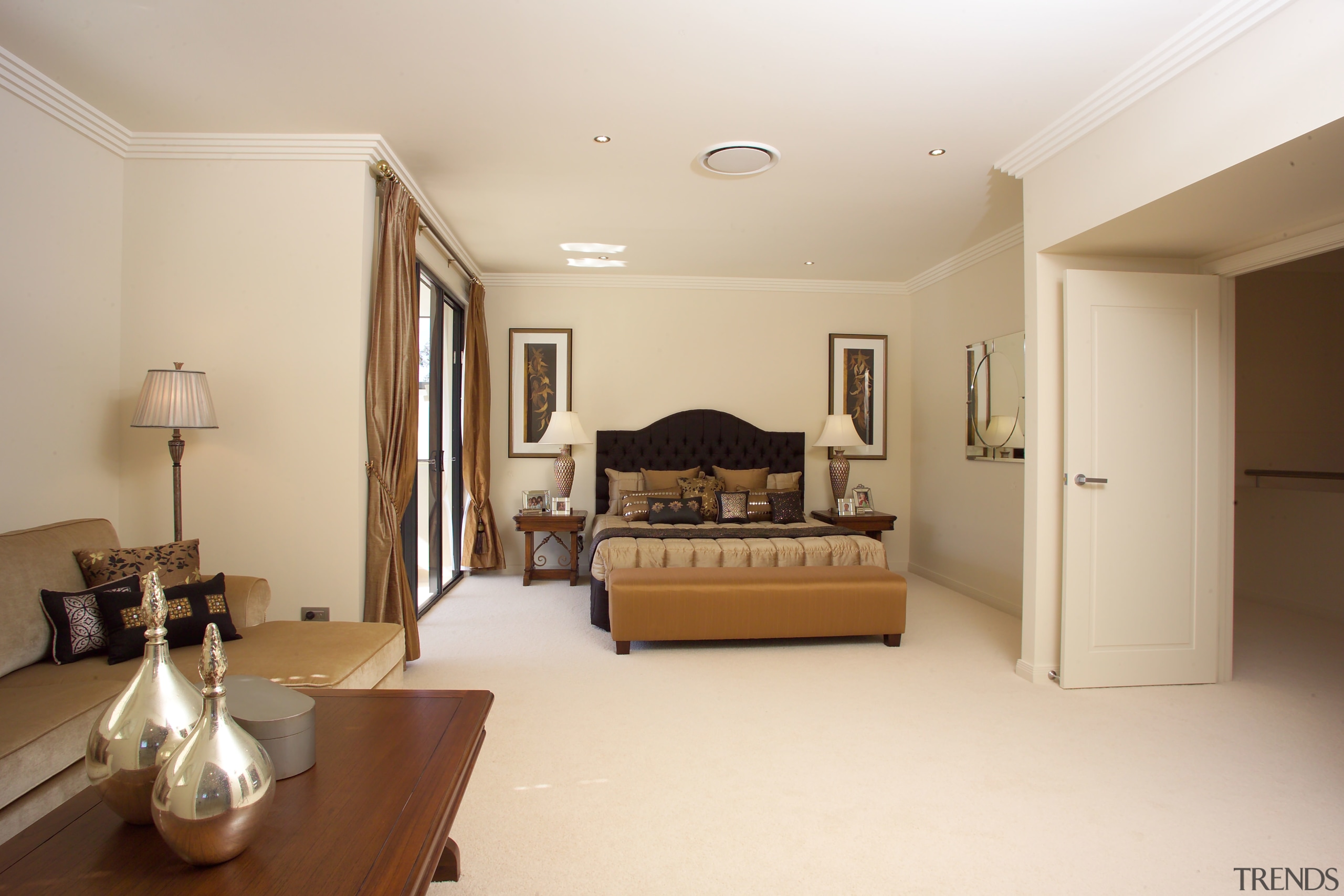 interior Bedroom view of the Augusta home. Built ceiling, estate, floor, flooring, home, interior design, living room, property, real estate, room, white, brown