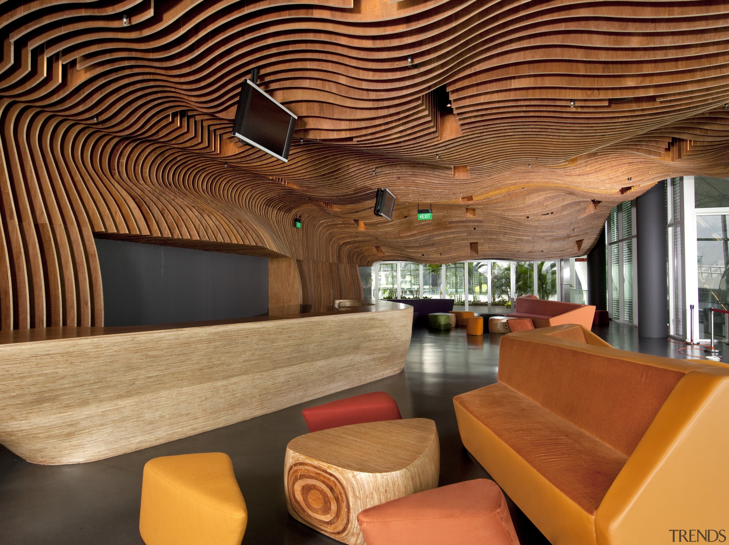 Interior view the lobby area inside the theatre architecture, ceiling, interior design, lobby, wood, brown, orange