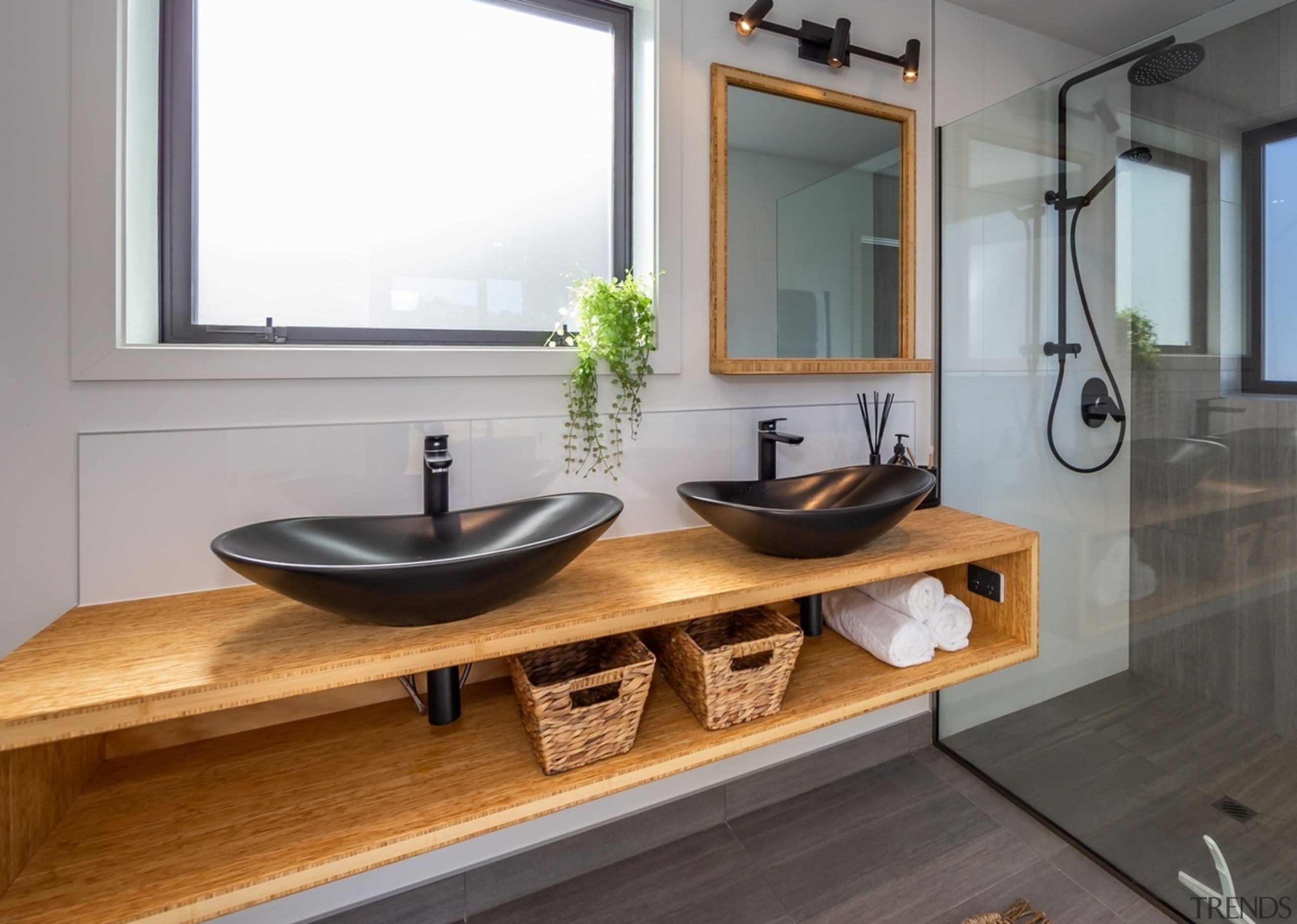 Bamboo open vanity with shelving. - Consider bamboo 