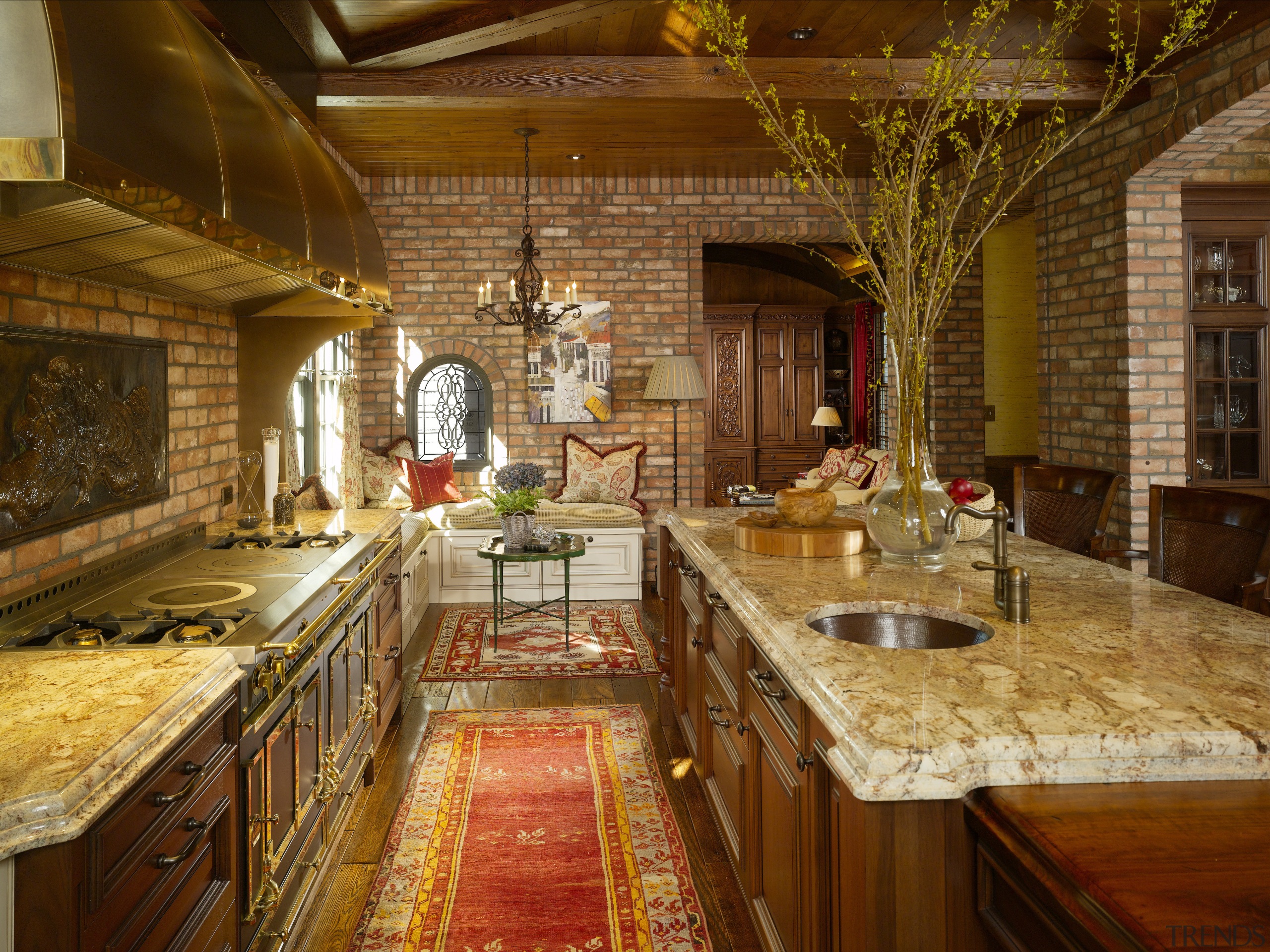 traditional kitchen, lots of brown, marble benchtops, brass countertop, estate, interior design, kitchen, room, brown
