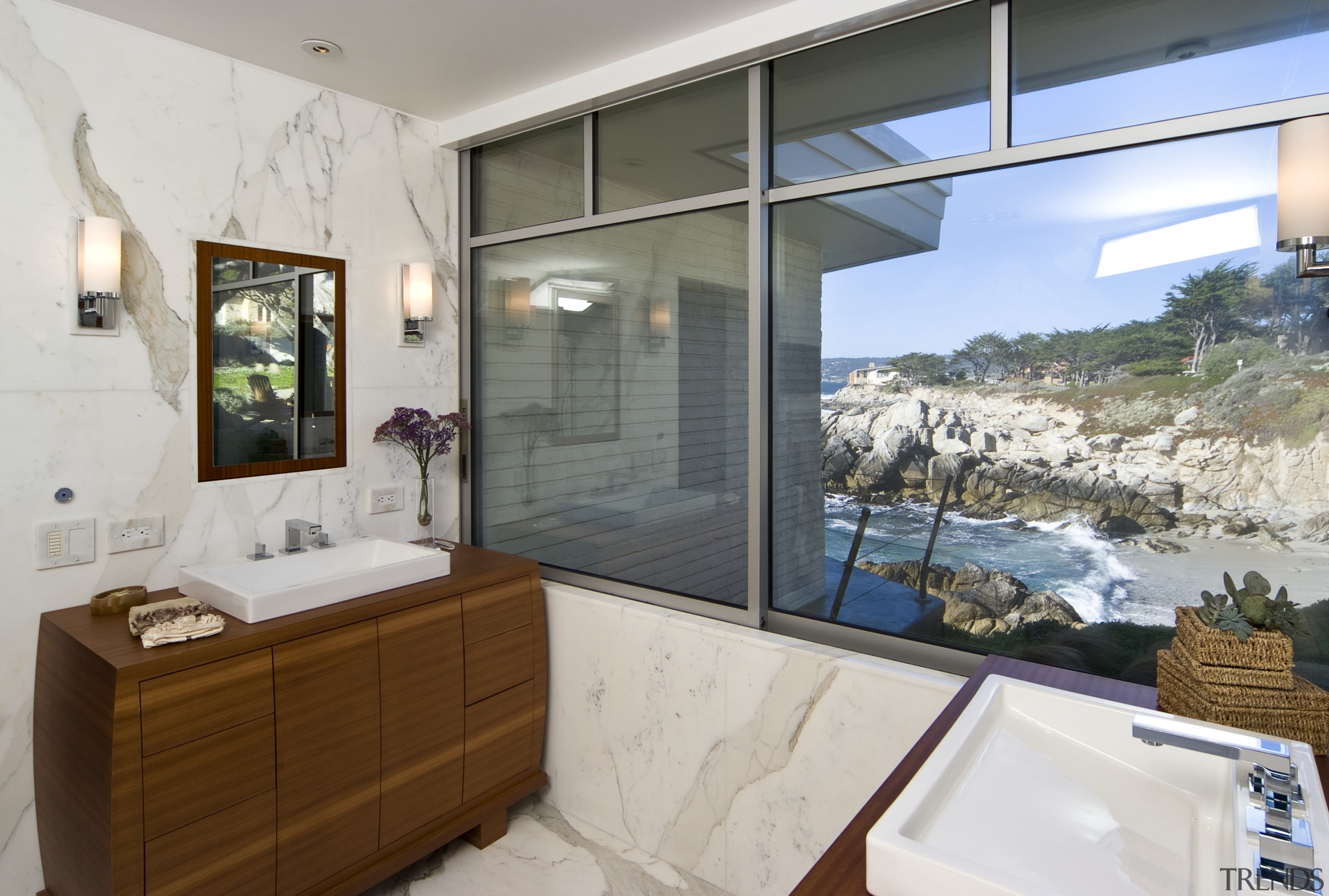 View of the oceanfront Butterfly House in Carmel bathroom, estate, home, interior design, property, real estate, room, window, gray