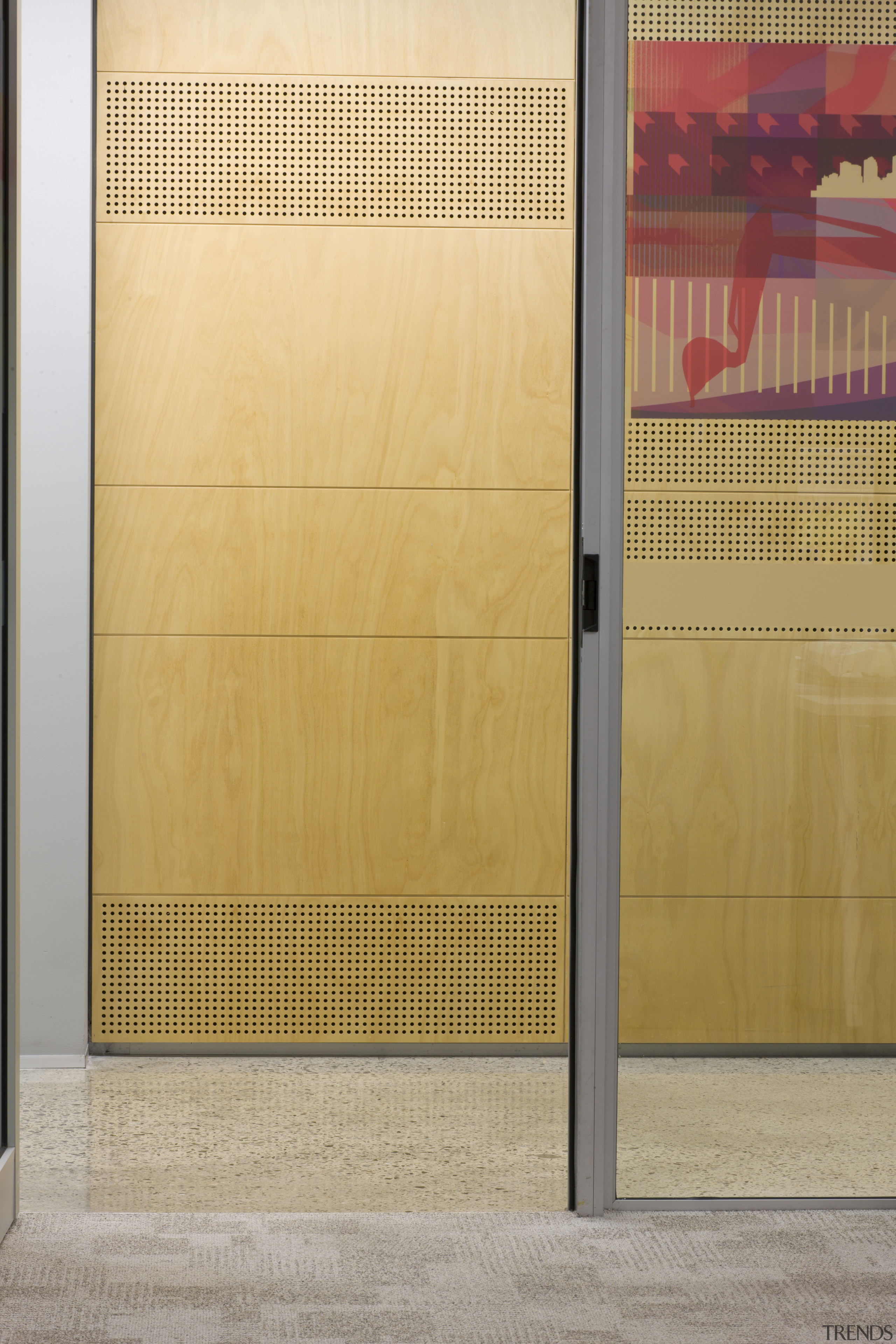 View of hallway through glass wall. - View door, wall, orange, gray