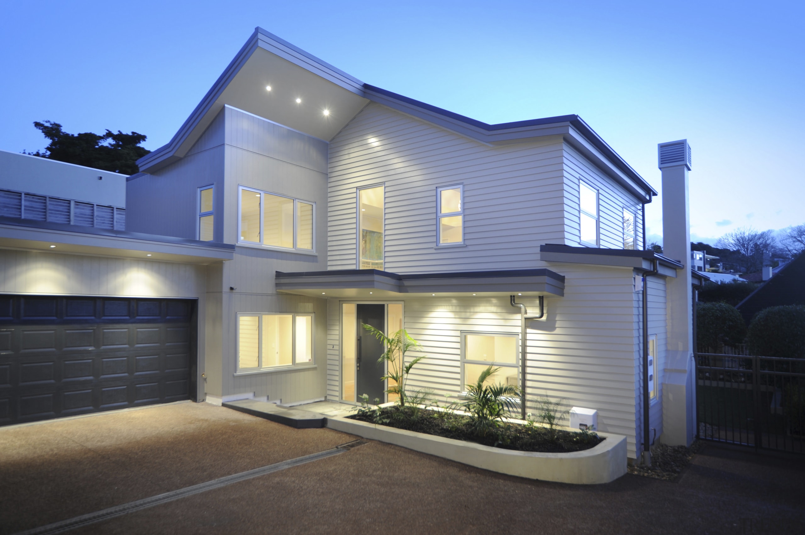 Exterior shot of white house. - Exterior shot architecture, building, elevation, estate, facade, home, house, property, real estate, residential area, siding, window, teal