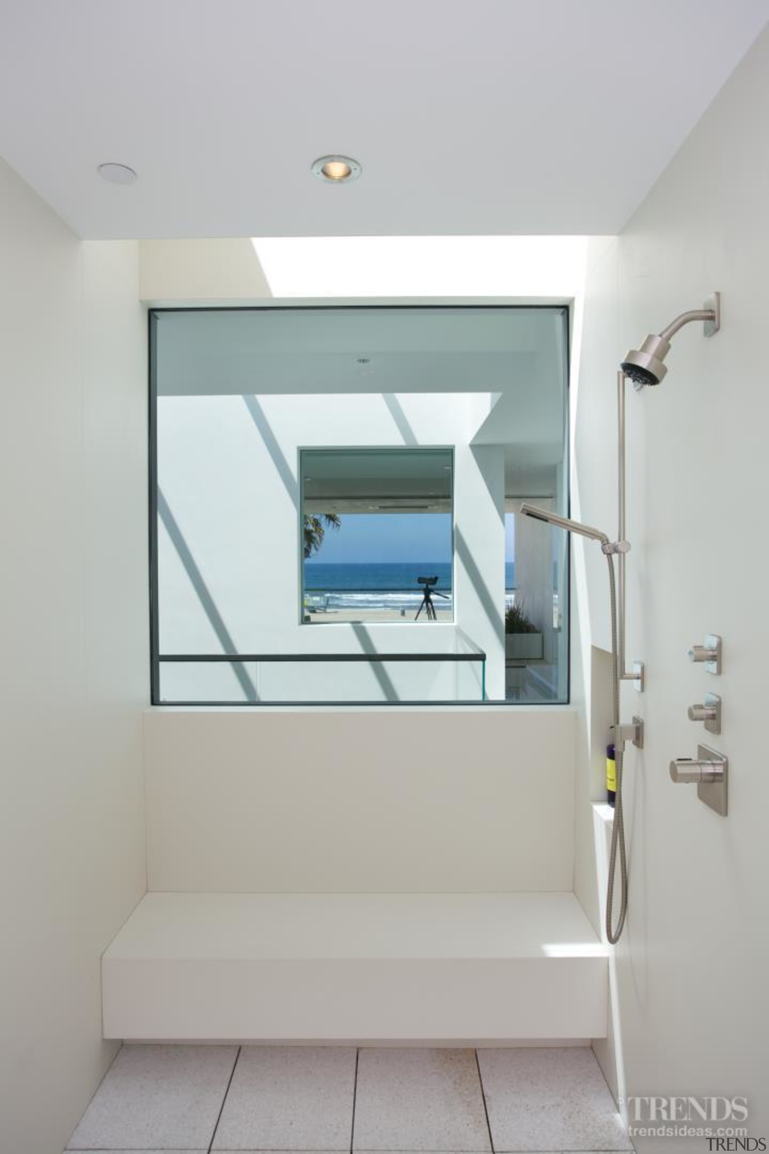 A window in this shower provides a view home, house, interior design, gray