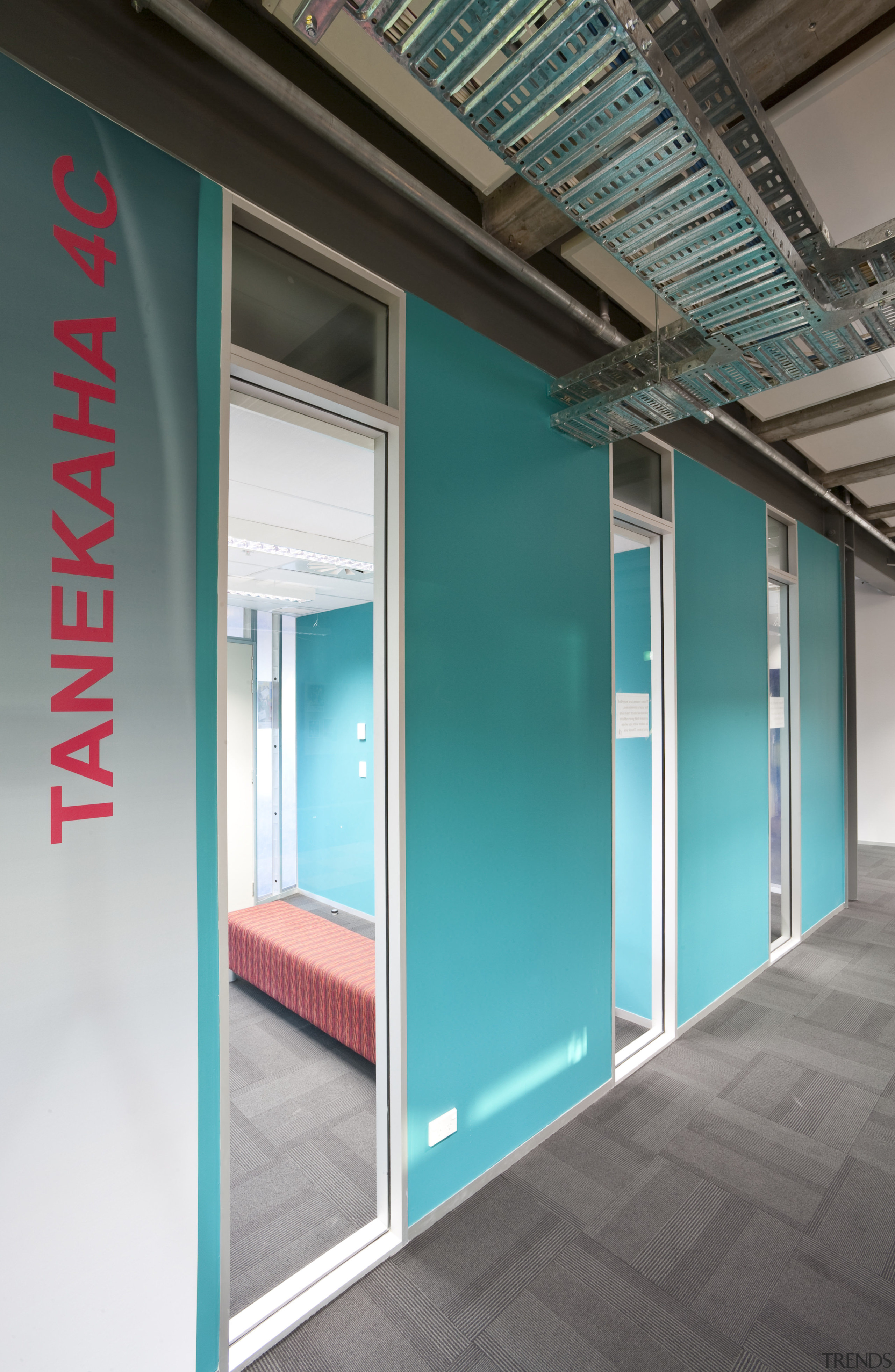 Interior view of this contemporary office - Interior architecture, door, glass, window, teal