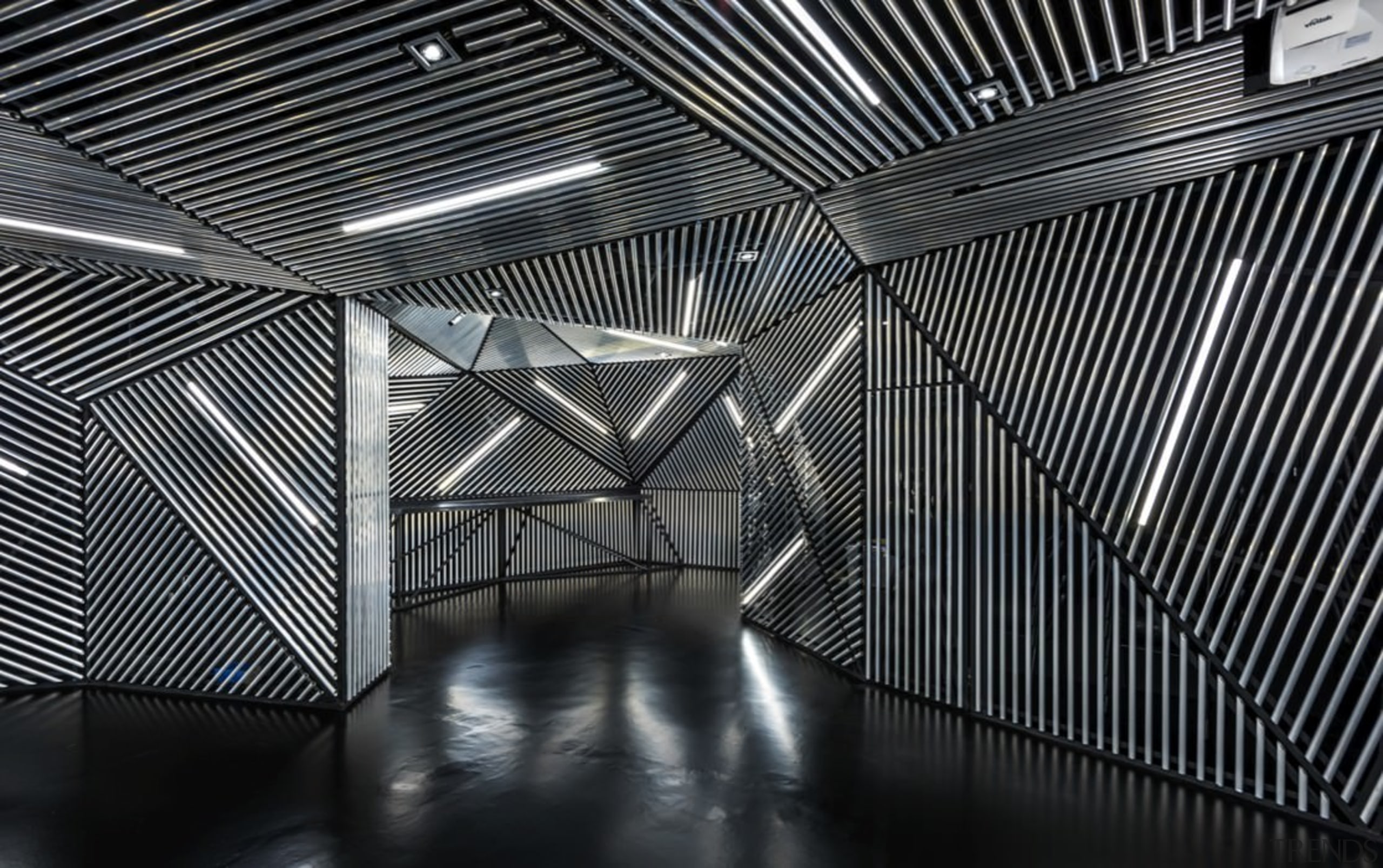 Architect: Ministry of Design angle, architecture, black, black and white, building, ceiling, daylighting, infrastructure, light, lighting, line, monochrome, monochrome photography, steel, structure, symmetry, black, gray