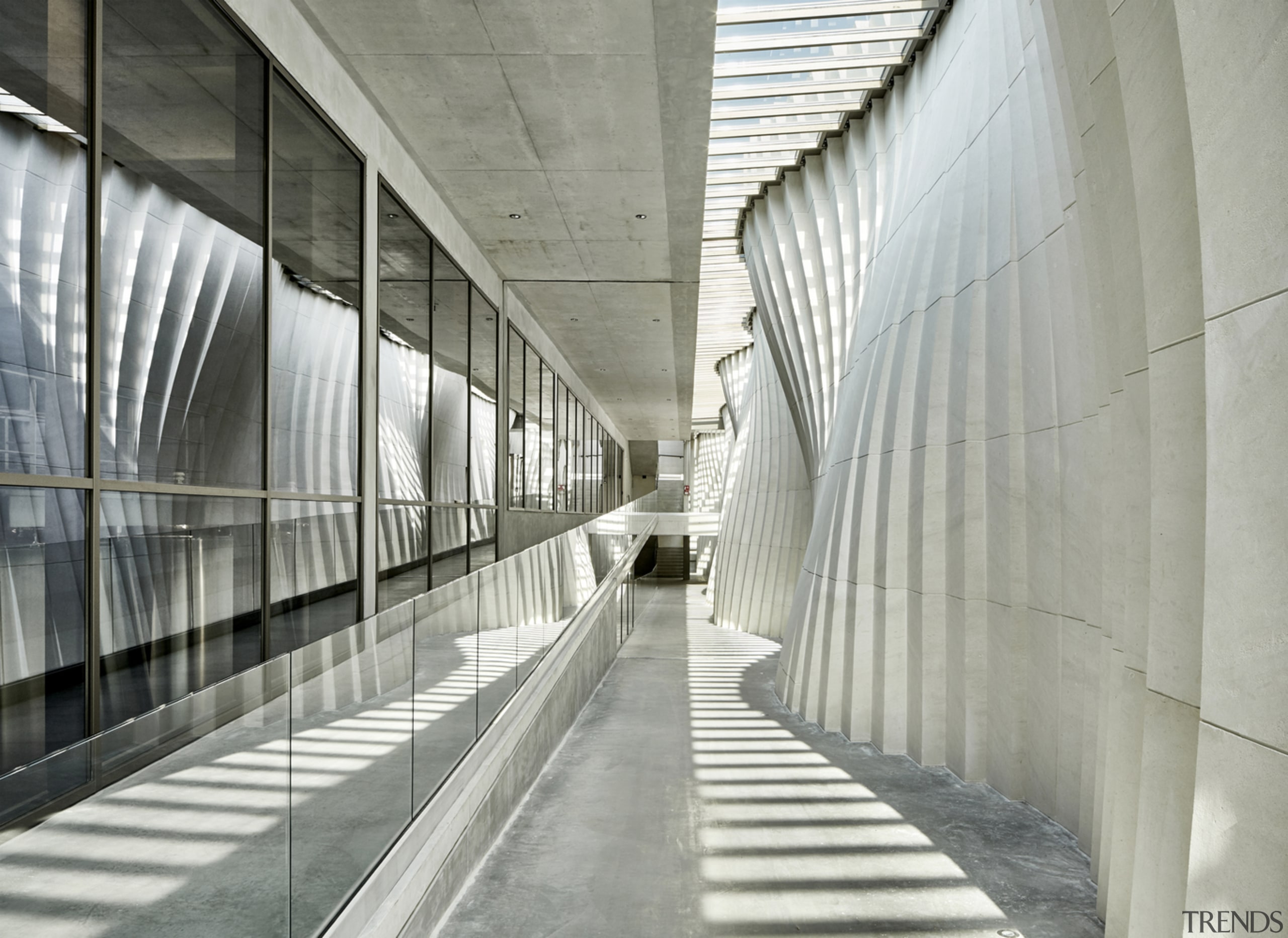 The wine cellar's sculptural feature wall creates ideal gray