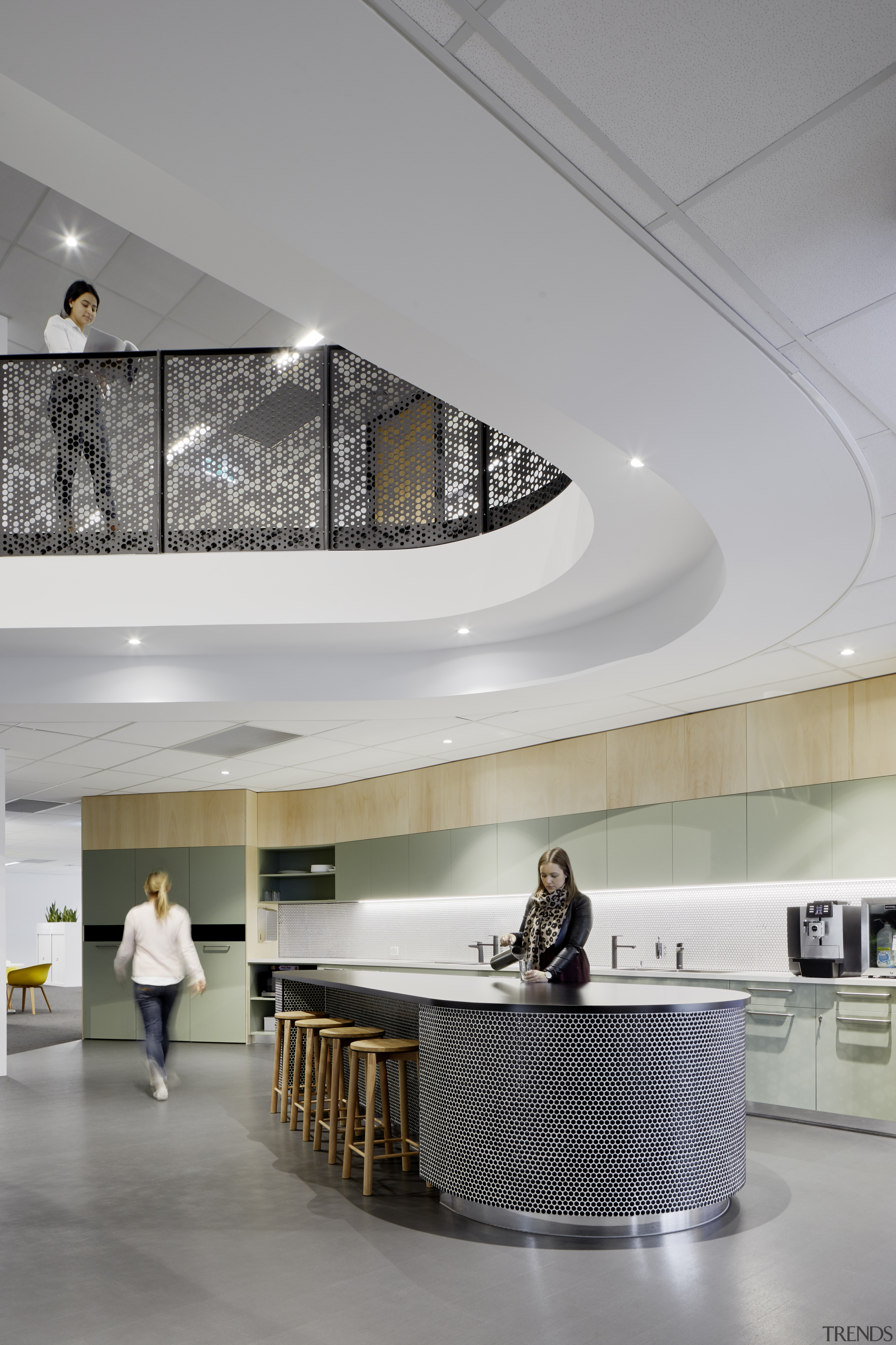 For the VicRoads fit-out, the perforated aluminium screens architecture, building, design, flooring, furniture, headquarters, interior design, lobby, VicRoads fit-out, aluminium screening