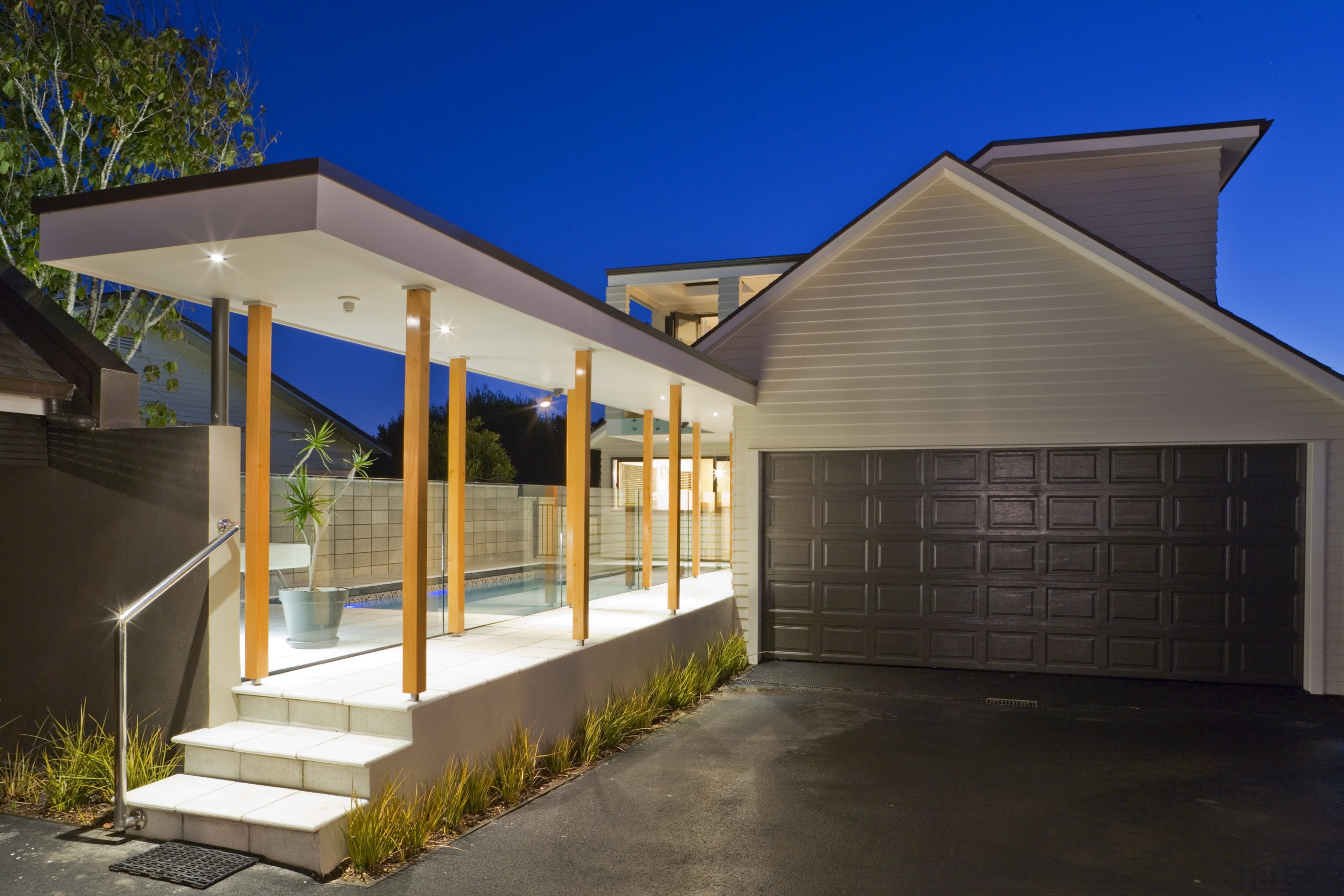 garage and covered walkway cladding product - garage architecture, elevation, estate, facade, home, house, lighting, property, real estate, residential area, black