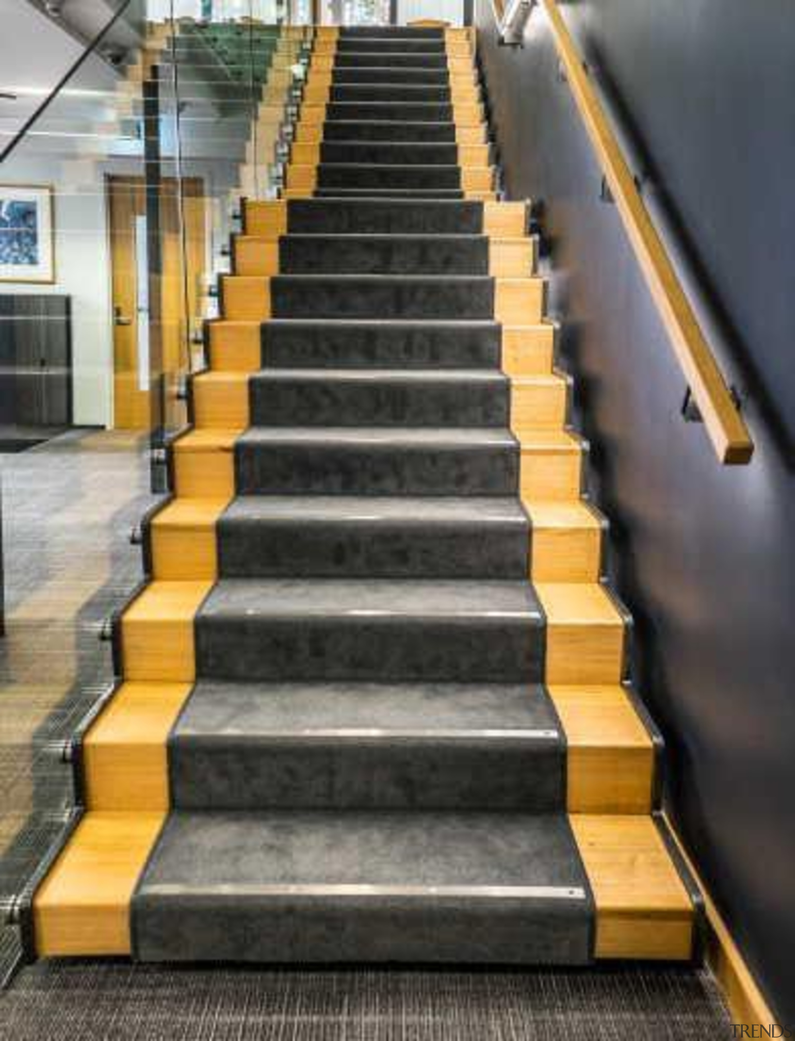 The refurbishment of interiors in the ClockTower Building floor, flooring, handrail, stairs, gray, black