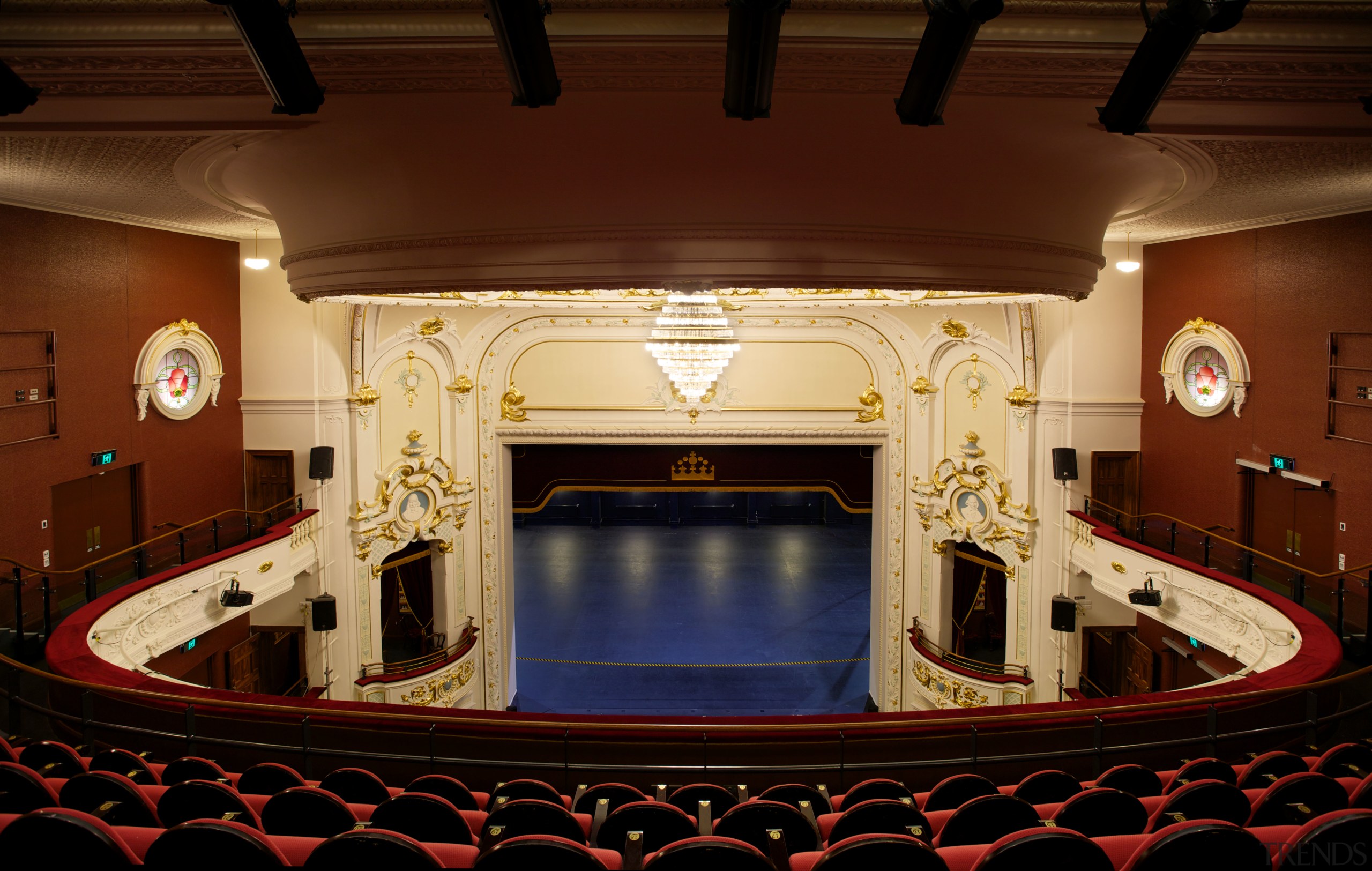 In the Isaac Theatre Royal restoration in Christchurch auditorium, interior design, performing arts center, stage, theatre, red