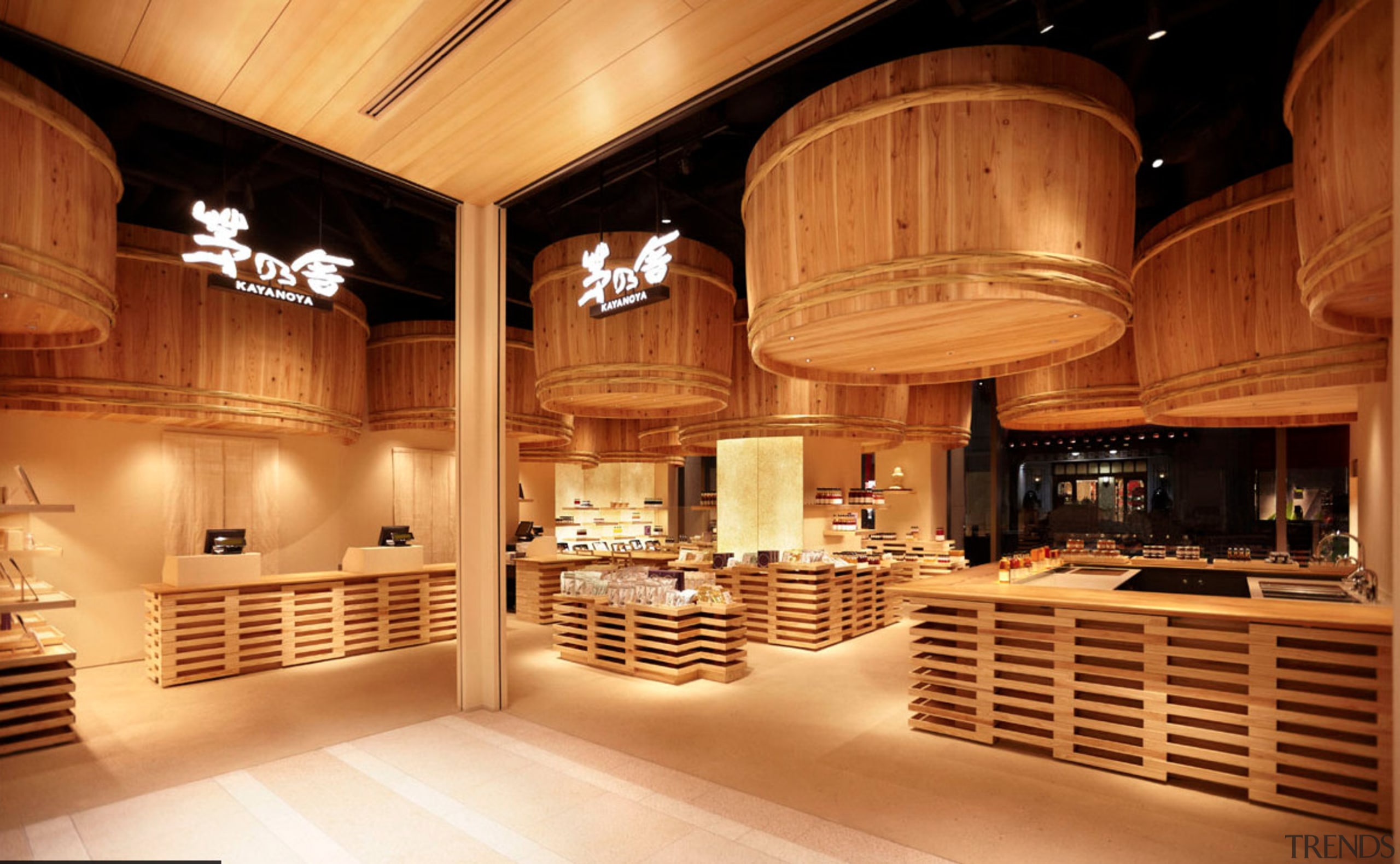 The Kayanoya Shop is a reproduction of a ceiling, interior design, lobby, wood, orange, brown