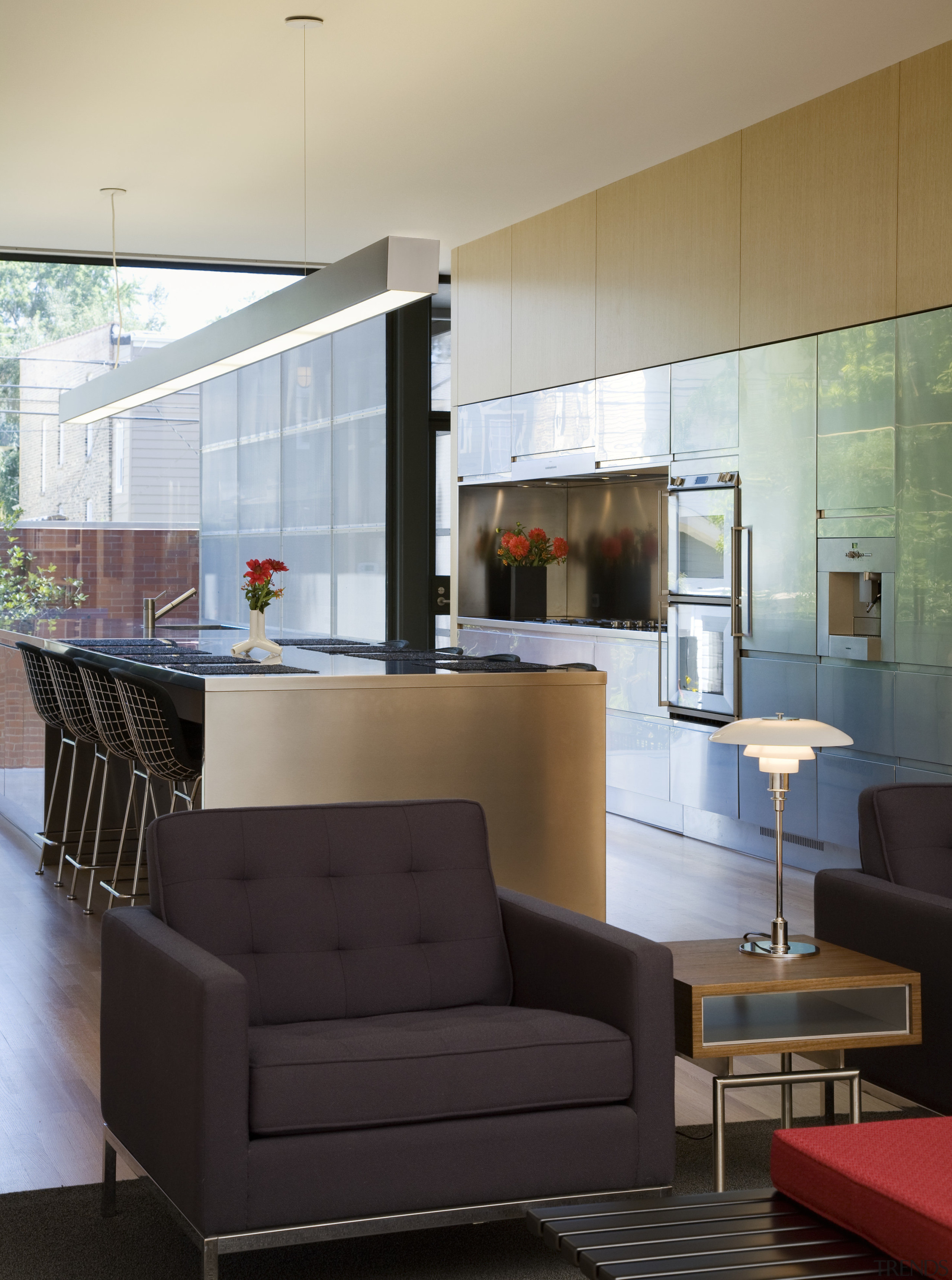 View of kitchen which features quartersawn red oak architecture, furniture, house, interior design, kitchen, living room, table, black