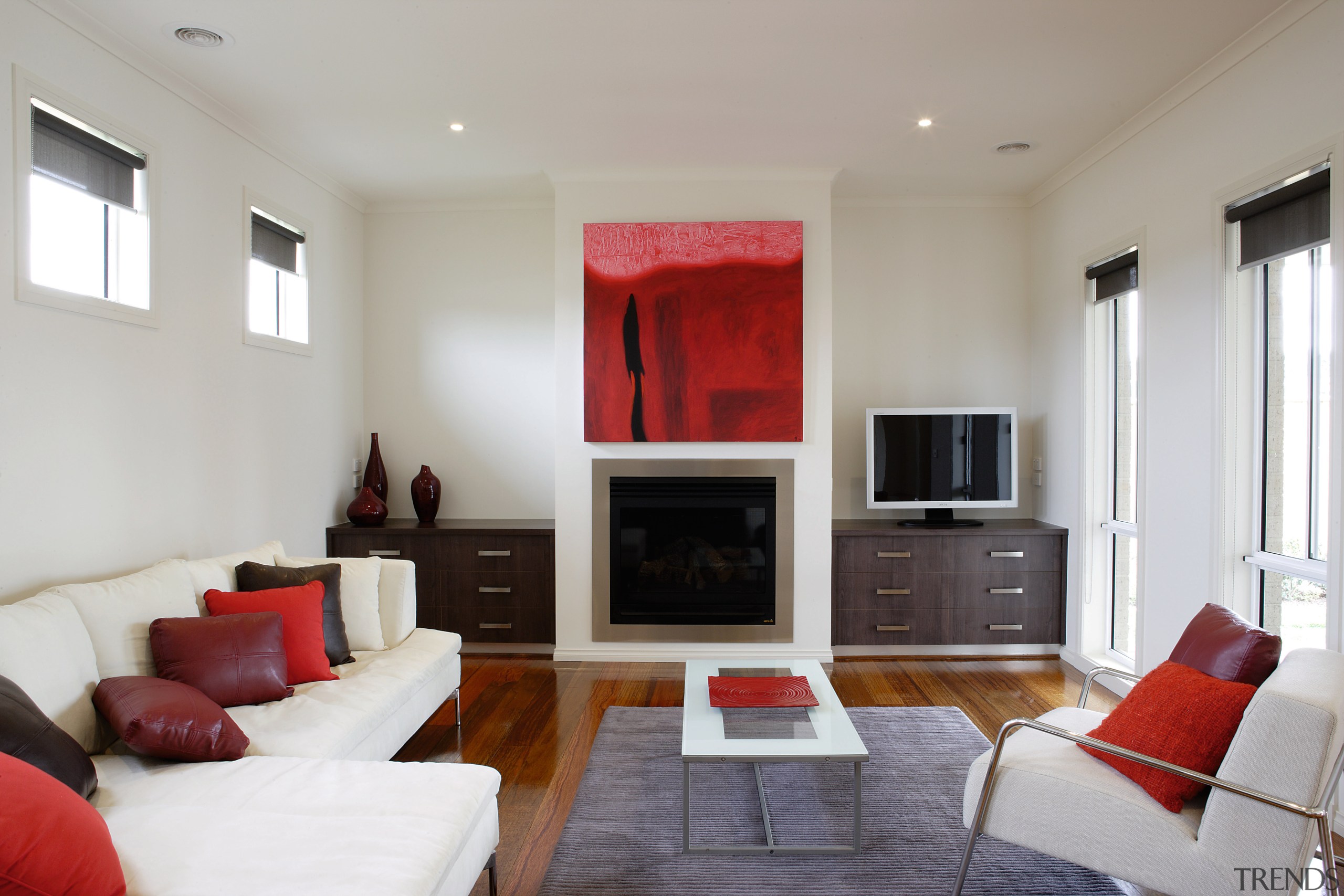 Lounge room with white sofas, red cushions, and ceiling, floor, home, interior design, living room, property, real estate, room, gray