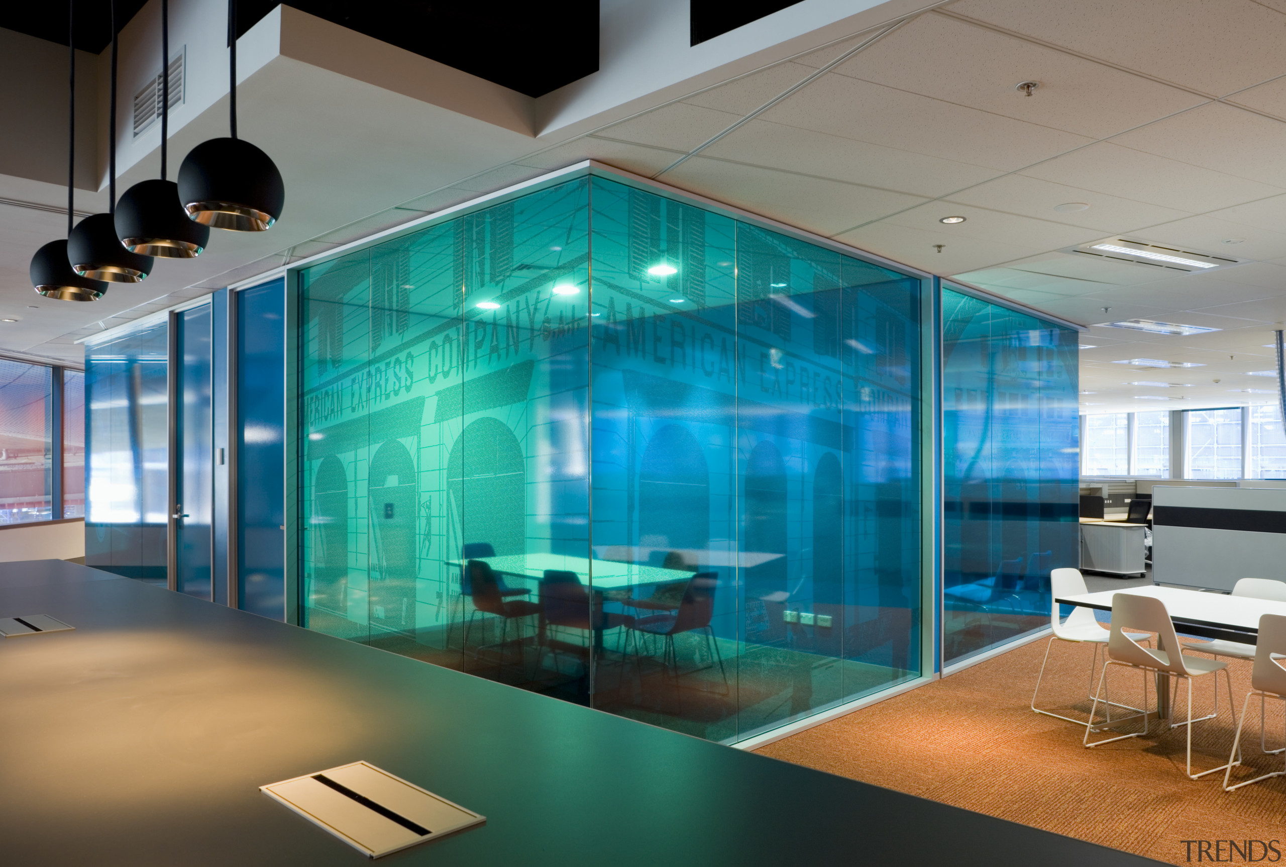 Graphics printed onto walls of the meeting rooms architecture, ceiling, glass, interior design, leisure centre, lighting, wall, teal, gray