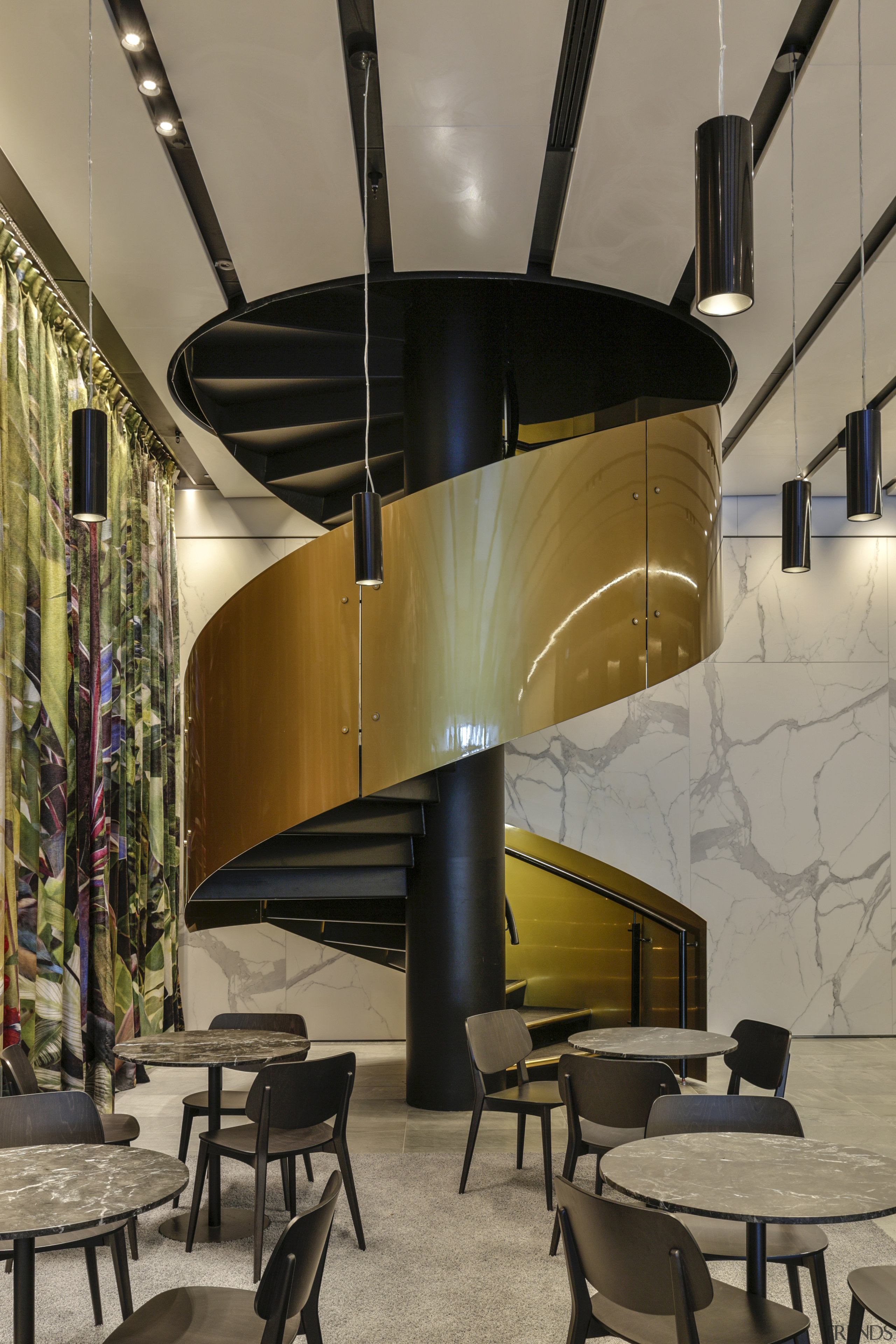 A sculptural gold spiral staircase in the lobby architecture, building, ceiling, design, furniture, interior design, lobby, spiral staircase. No 1 Sylvia Park