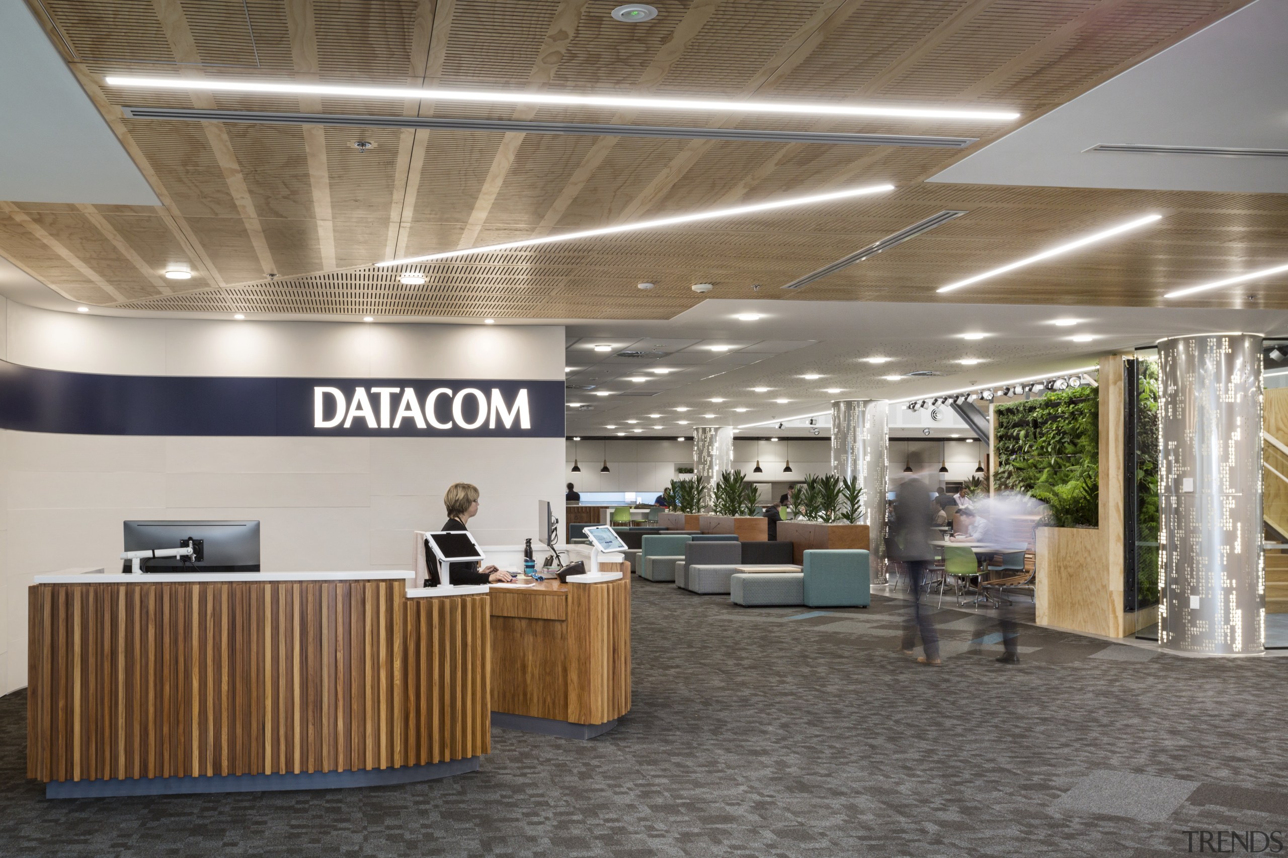 Welcome to Datacom  an emphasis on natural ceiling, interior design, lobby, office, gray, brown