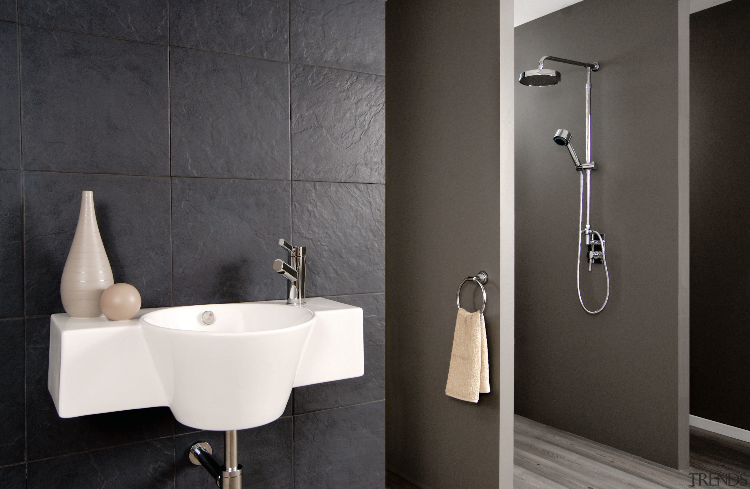 A view of some bathroomware from Aquatica. - bathroom, bathroom accessory, bathroom cabinet, bathroom sink, ceramic, floor, interior design, plumbing fixture, product design, room, sink, tap, tile, wall, black, gray