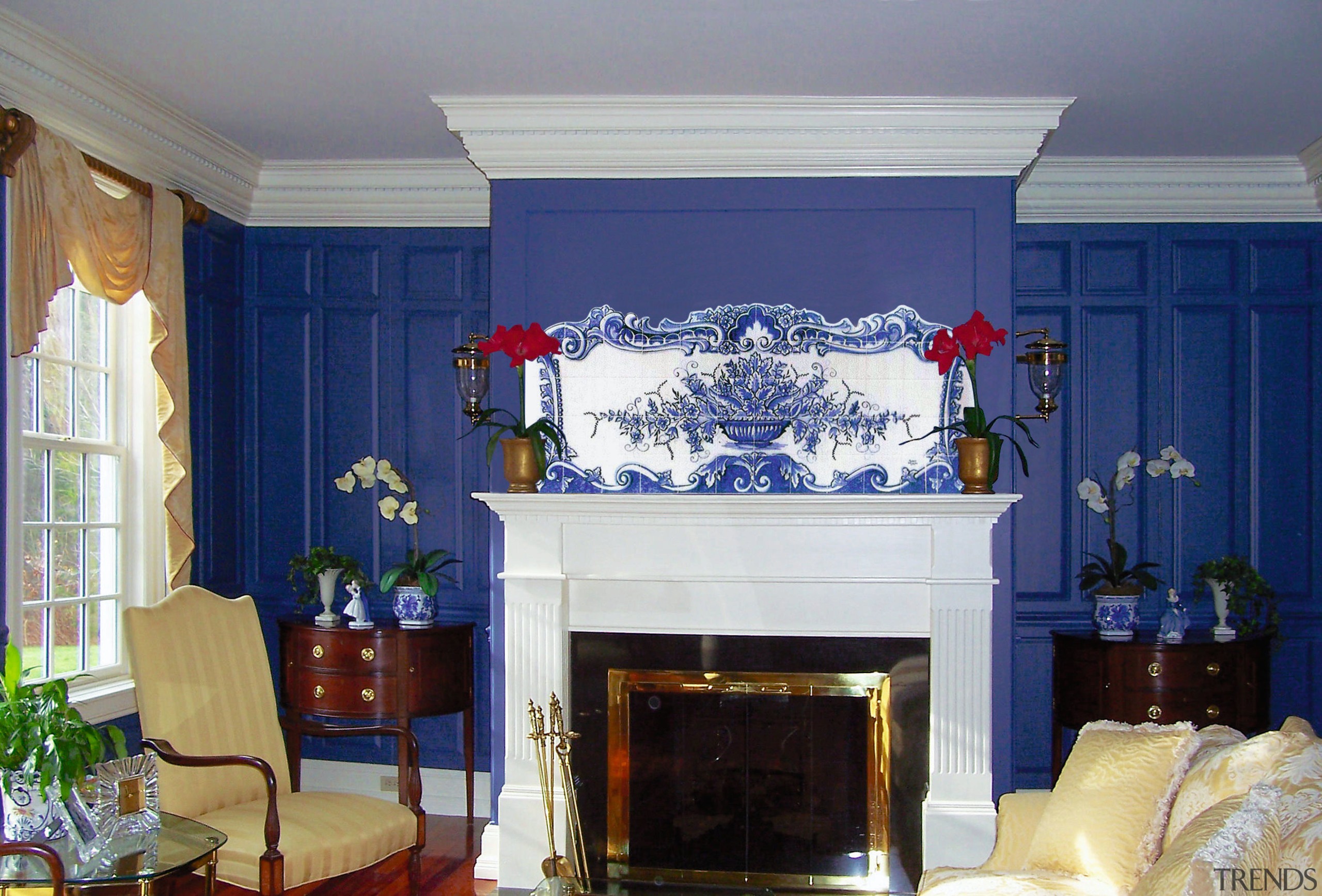 Lounge room with blue wall and feature tile blue, ceiling, decor, fireplace, hearth, home, interior design, living room, room, window, window covering, window treatment, blue