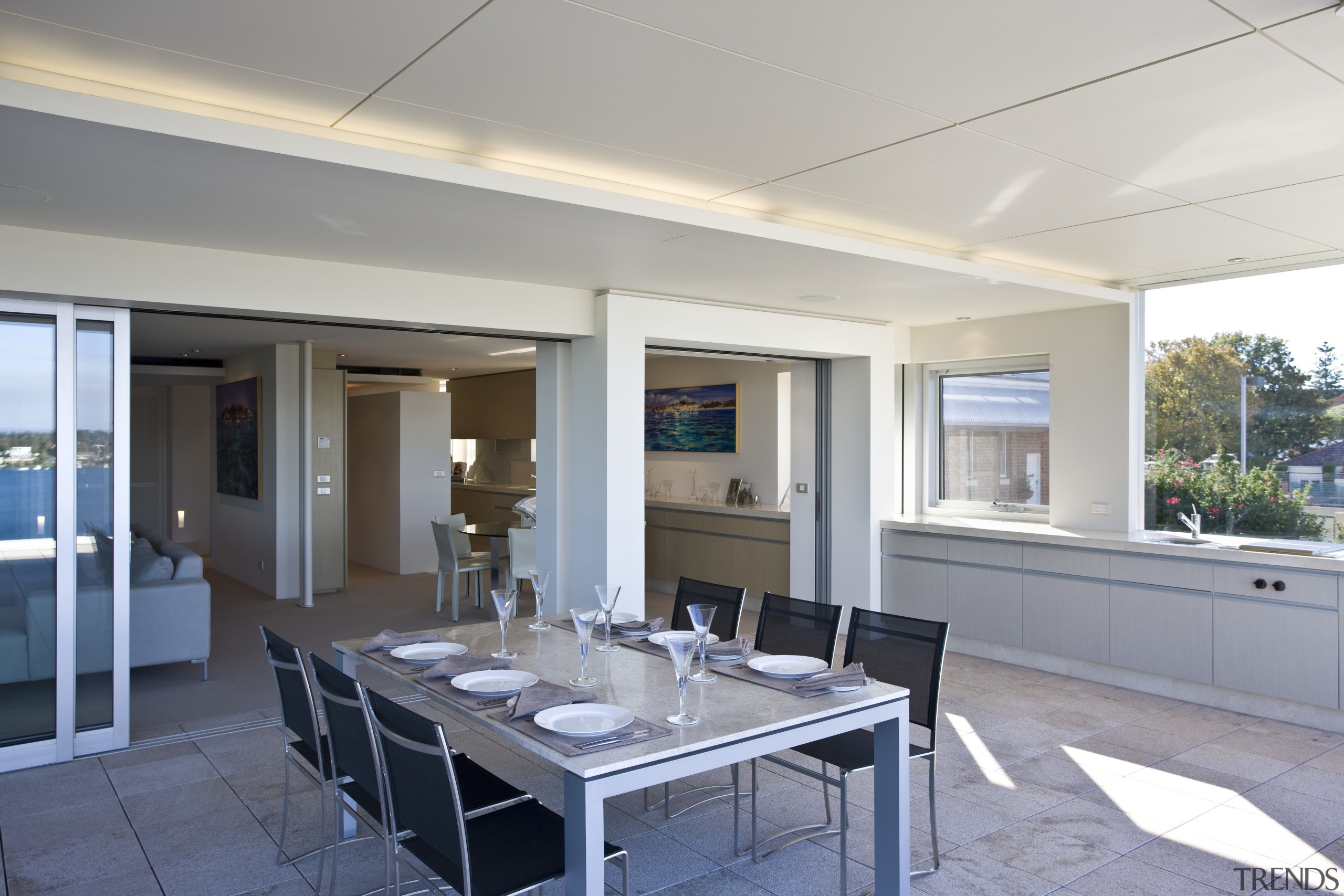 Image of the patio featuring outdoor furniture, tiled apartment, interior design, property, real estate, gray