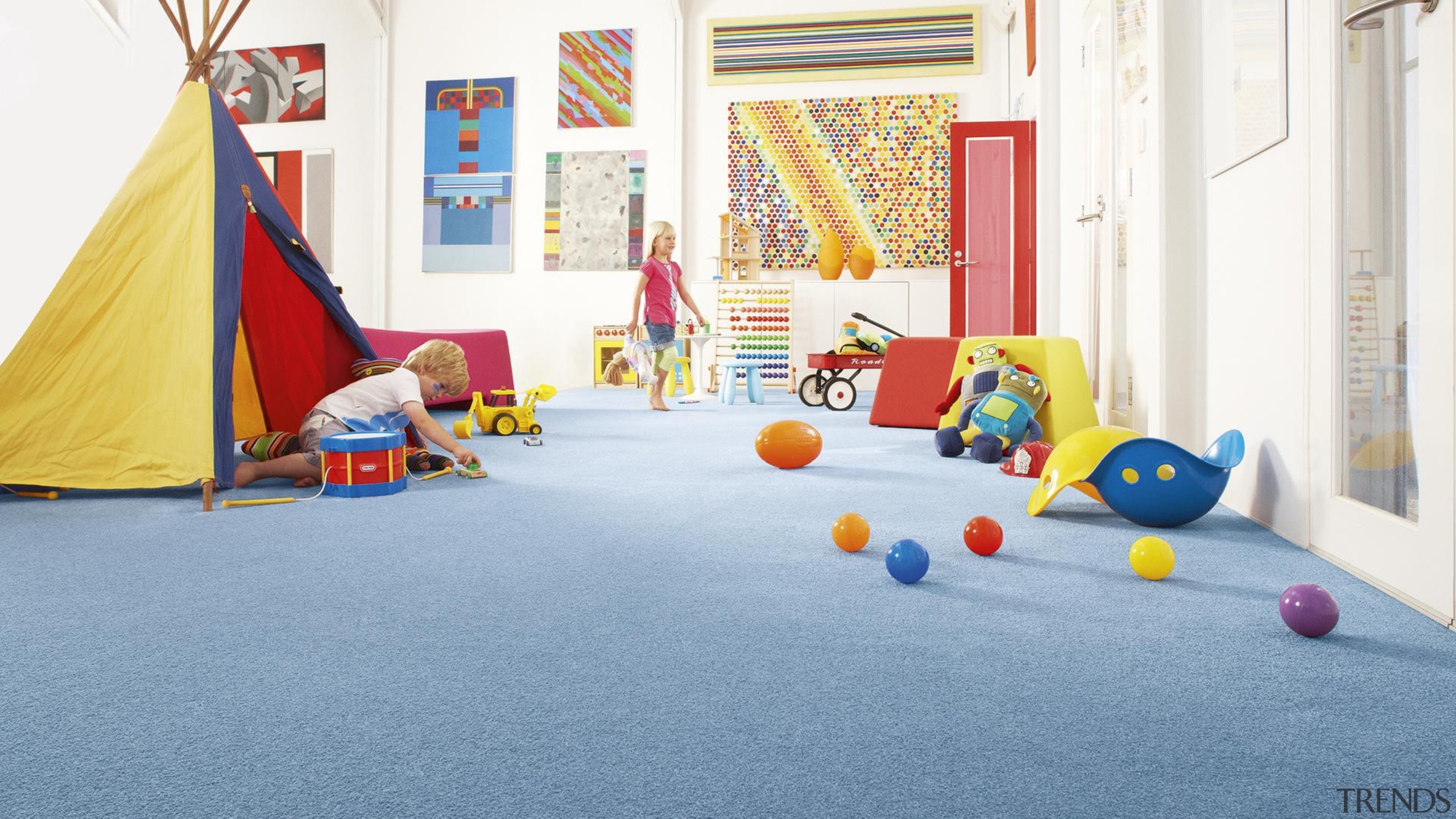 Blue carpets in a child's room. - Play floor, flooring, leisure, play, room, sport venue, teal, white