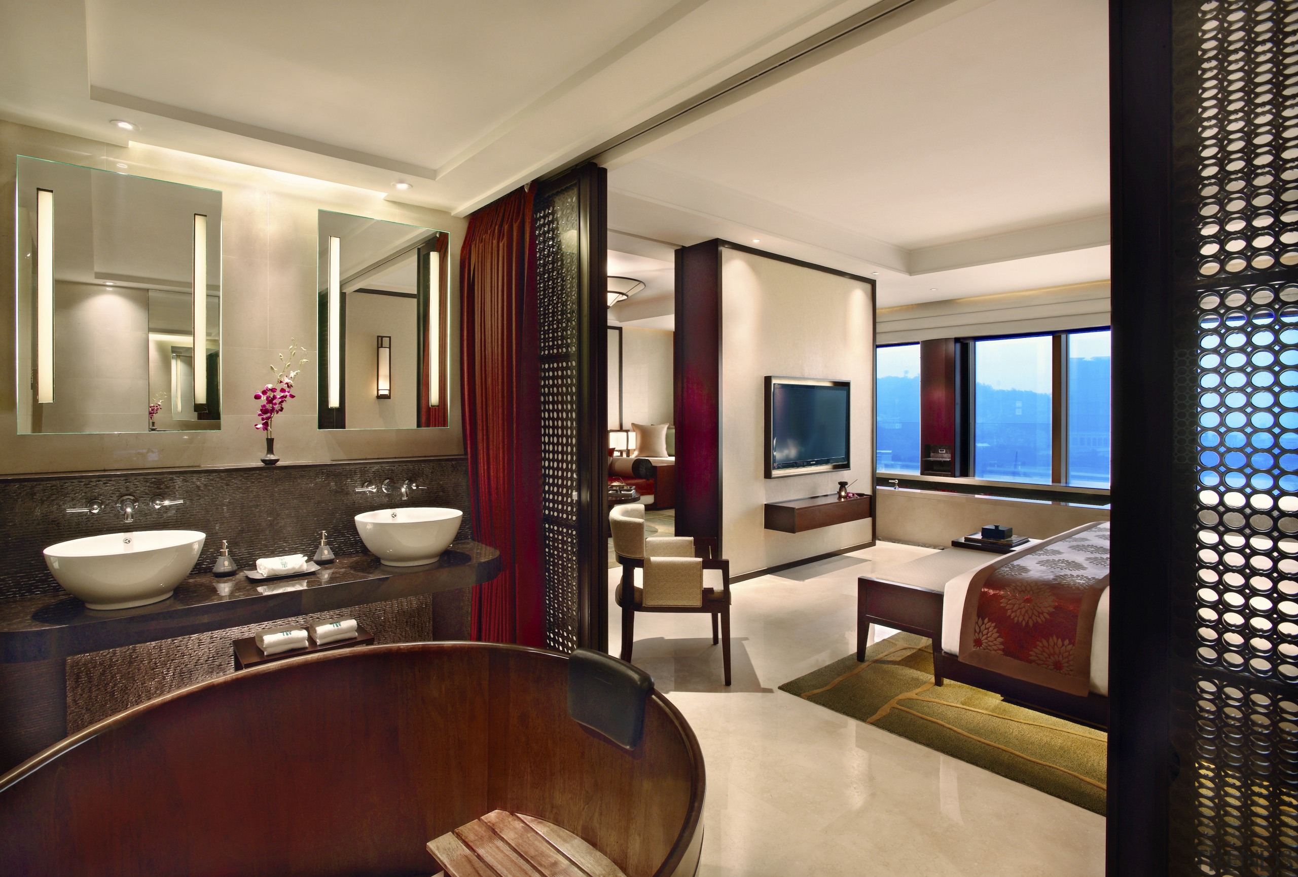 Ensuite wirh light toned flooring, red features, grey interior design, real estate, room, suite, orange