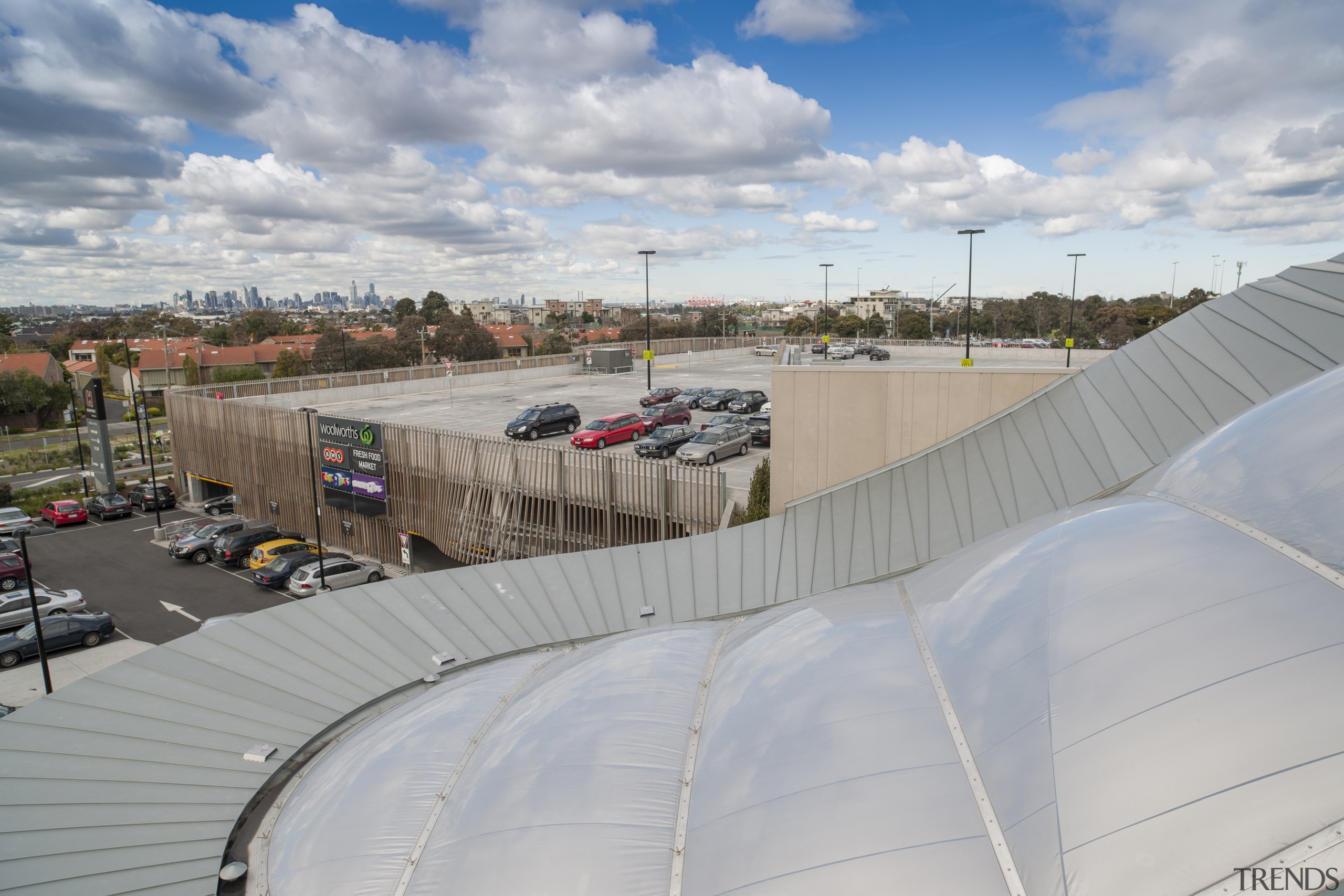 The roof was chosen in part for its atmosphere of earth, real estate, roof, sky, structure, gray